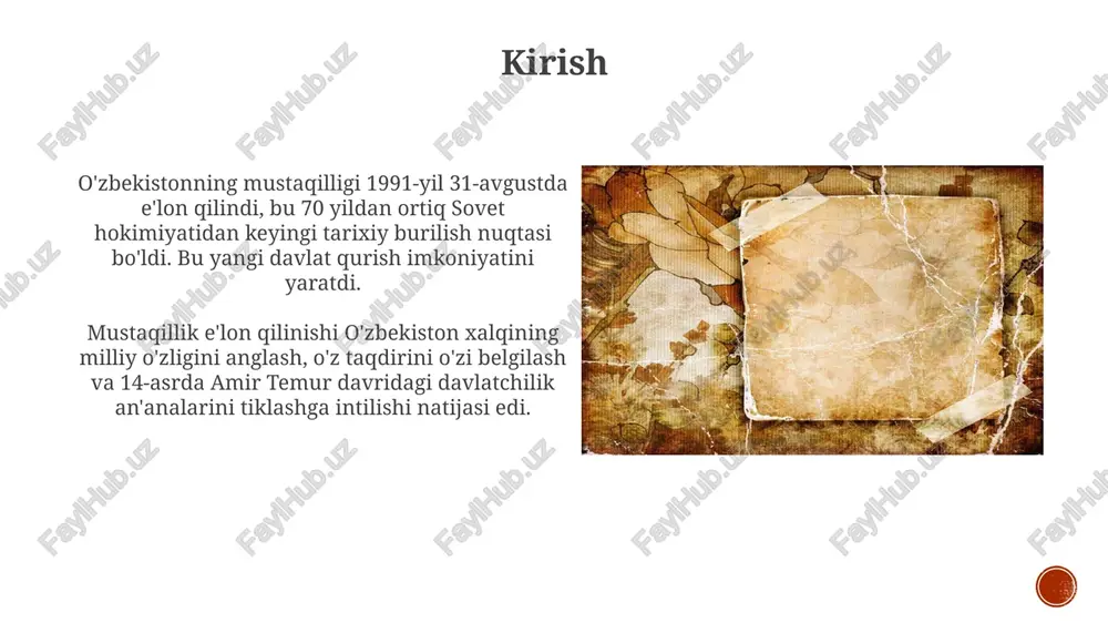 s bo‘ldi va milliy davlatchilikning yangi bosqichini boshlab berdi. mustaqillikning dastlabki yillari: qiyinchiliklar va imkoniyatlar iqtisodiy qiyinchiliklar davrida, 1992-1994 yillarda, inflyatsiya darajasi 1000% dan oshib, aholining turmush darajasiga jiddiy ta'sir ko'rsatdi, bu esa ijtimoiy norozilikni kuchaytirdi. mustaqillikning ilk yillarida o'zbekiston yangi siyosiy institutlarni shakllantirish, jumladan, 1993 yilda konstitutsiyani qabul qilish orqali demokratik jamiyat qurishga harakat qildi. siyosiy islohotlar va demokratik jamiyat qurish yo'li 1992-yilda oʻzbekiston konstitutsiyasi qabul qilindi, bu esa davlat hokimiyatining boʻlinishi va inson huquqlarining himoyasini mustahkamlashga qaratilgan asosiy qadam boʻldi. 1990-yillarning oʻrtalarida siyosiy partiyalarning roʻyxatga olinishi va faoliyati boshlandi, bu esa koʻppartiyaviylik tizimini shakllantirishga va jamiyatning siyosiy faolligini oshirishga yordam berdi. iqtisodiy islohotlar va bozor iqtisodiyotiga o'tish o'zbekiston 1994-yilda milliy valyuta – so'mni muomalaga kiritdi, bu esa monetar siyosatni mustaqil ravishda yuritish va inflyatsiyani nazorat qilish imkonini berdi. 1990-yillarning o'rtalarida xususiylashtirish dasturlari boshlandi, bunda davlat korxonalari aksiyalarini sotish orqali mulkchilik shakllari o'zgartirilib, raqobat muhiti yaratildi. o'zbekistonning tashqi siyosati …