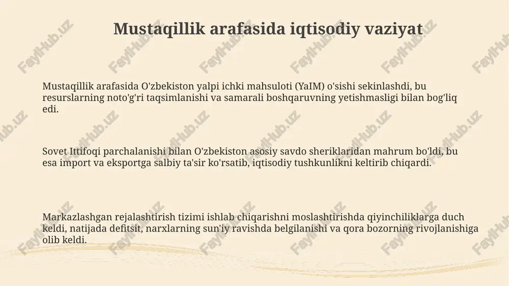 rishini toʻxtatdi va 1996-yildan boshlab 3-5 foiz oʻsish sur’atlarini taʼminladi. xususiylashtirishda shaffoflikning yetishmasligi, korrupsiyaning avj olishi va tengsizlikning kuchayishi kabi muammolar iqtisodiy o'sish sur'atlarini sekinlashtirdi. kelajakda raqamli iqtisodiyotni rivojlantirish, kichik biznesni qoʻllab-quvvatlash va taʼlim sifatini oshirish orqali barqaror oʻsishga erishish istiqbollari mavjud. e'tiboringiz uchun rahmat