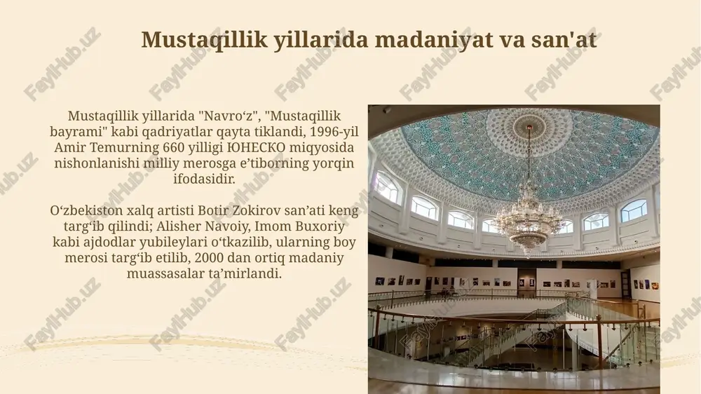 di, folklor sanʼatiga oid tadqiqotlar koʻpaydi va 4 ta jildlik “oʻzbek xalq ogʻzaki poetik ijodi” nashr etildi. madaniyat va san'at muassasalarini qo'llab-quvvatlash mustaqillik yillarida 6 ta yangi teatrlar, jumladan, alisher navoiy nomidagi opera va balet teatri, muqimiy teatri, yosh tomoshabinlar teatri kabi muassasalar tashkil etildi. o‘zbekistonda madaniyat va san’atni rivojlantirish jamg’armasi tashkil etilib, 2023-yilga kelib soha loyihalarini qo‘llab-quvvatlash uchun 500 milliard so‘m ajratildi. xalqaro madaniy aloqalarning kengayishi “sharq taronalari” xalqaro musiqa festivali 1997-yildan buyon har ikki yilda bir marta o‘tkazilib, dunyo madaniyatini o‘zbekistonda namoyish etishga xizmat qilmoqda. o‘zbekiston yunesko bilan 1993-yilda birgalikda buyuk ipak yo‘lining ahamiyatini targ‘ib qilish bo‘yicha samarali loyihani amalga oshirib, madaniy merosni keng tanitdi. madaniyat va san'at arboblariga e'tibor va g'amxo'rlik mustaqillik yillarida oʻzbekistonda madaniyat va sanʼat sohasida faoliyat koʻrsatayotgan ijodkorlarni qoʻllab-quvvatlash maqsadida bir qator farmon va qarorlar qabul qilindi, jumladan, 1992-yilda “ijodiy fond” tashkil etildi. oʻzbekiston xalq artisti unvoni hamda oʻzbekiston respublikasi davlat mukofoti bilan taqdirlash …