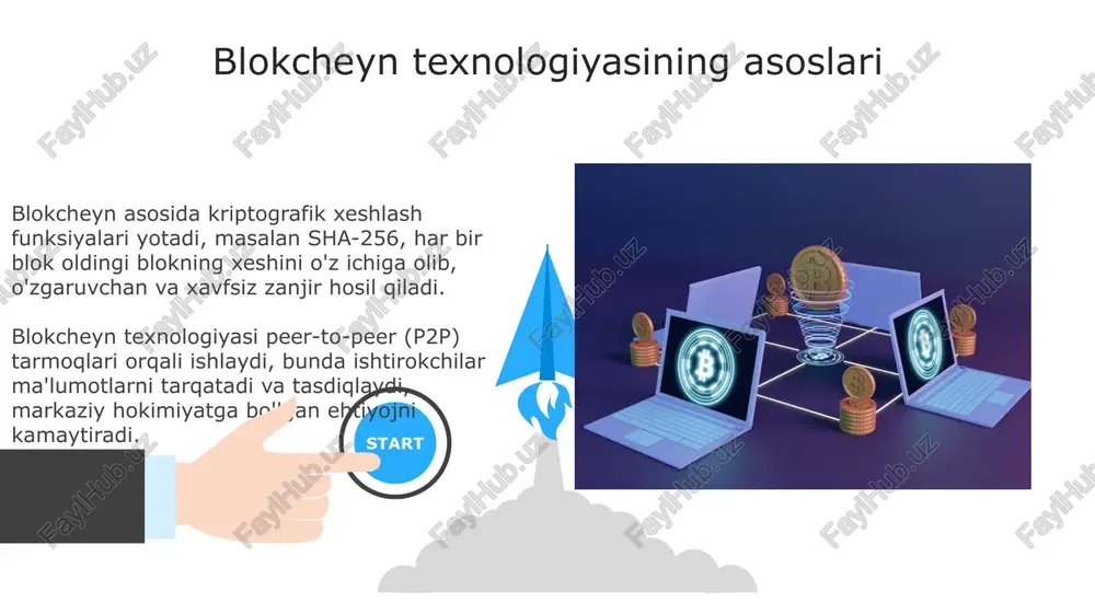 tasdiqlaydi, bu esa firibgarlikning oldini olishga yordam beradi. mualliflik huquqini himoya qilishda blockchain san'at asarlari va intellektual mulkni ro'yxatga olishda yordam beradi, har bir ishning noyobligini ta'minlab, qalbaki nusxalar paydo bo'lishining oldini oladi. blokcheynning afzalliklari blokcheynning o'zgarmasligi va kriptografik xususiyatlari ma'lumotlarning buzilishi yoki o'zgartirilishiga yo'l qo'ymaydi, bu esa yuqori darajadagi 99.99% xavfsizlikni ta'minlaydi va ishonchni oshiradi. markazlashmagan tizim vositachilarni yo'q qiladi, operatsiya xarajatlarini 25% dan ko'proqqa kamaytiradi va ma'lumotlarga ruxsatsiz kirish xavfini minimallashtiradi, samaradorlikni oshiradi. 06 05 04 blokcheynning kamchiliklari 01 02 blockchain tranzaksiyalarini qayta ishlash tezligi cheklangan bo'lishi mumkin, masalan, bitcoin daqiqasiga taxminan 7 tranzaksiyani qayta ishlashi mumkin, bu esa ba'zi dasturlar uchun muammo tug'diradi. proof-of-work kabi konsensus mexanizmlari energiya sarfi yuqori bo'lishi mumkin. bitcoin har bir tranzaksiya uchun taxminan 900 kvt/soat energiya sarflaydi, bu ekologik muammolarni keltirib chiqaradi. qonunchilik va tartibga solish ko'pgina davlatlar blockchain texnologiyasi va kriptovalyutalarga oid qonuniy aniqlikni ta'minlash uchun litsenziyalash ramkalari va 5amld kabi …