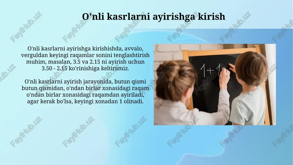 rlar soni har xil bo'lsa, oxiriga 0 qo'shib tenglashtiriladi. masalan: 5.7 - 2.35 = 5.70 - 2.35. ayirish amalini bajarishda, butun sonlarni ayirish qoidalari qo'llaniladi, agar kerak bo'lsa, qo'shni razryaddan qarz olinadi. masalan: 12.5 - 7.8 ayirishda 5 dan 8 ni ayirish uchun 2 dan 1 qarz olinadi. e'tiboringiz uchun rahmat image2.jpg image3.jpg image4.jpg image5.jpg image6.jpg image7.jpg image8.jpg image9.jpg image10.jpg image11.jpg image1.png