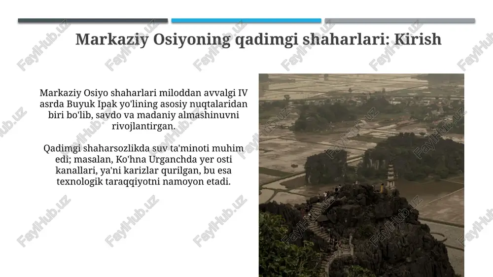 ini ta'minlagan strategik nuqta edi. arxeologik qazishmalar o'trorda o'rta asrlarga oid hammomlar, masjidlar va hunarmandchilik ustaxonalari kabi rivojlangan shaharsozlikning ko'plab namunalari topilganini ko'rsatadi. qo'rg'oshin: qadimgi konchilik shahri qo'rg'oshin, taxminan miloddan avvalgi ii asrda paydo bo'lgan, faqat qo'rg'oshin qazib olish markazi emas, balki o'sha davrning metallurgiya texnologiyalari rivojlanganligidan dalolat beradi. arxeologik topilmalar qo'rg'oshinning ix-xii asrlarda buyuk ipak yo'lining muhim nuqtasi bo'lganini ko'rsatadi, bu yerda savdo va madaniy almashinuv faol rivojlangan. axsikent: farg'ona vodiysining qadimiy markazi axsikent farg‘ona vodiysining strategik nuqtasida joylashgan bo‘lib, miloddan avvalgi 4-asrdan milodiy 13-asrgacha bo‘lgan davrda muhim savdo va madaniyat markazi bo'lgan. axsikentning arxeologik qazishmalari 10-12-asrlarga oid keramik buyumlar, tangalar va me'moriy qoldiqlar kabi boy tarixiy artefaktlarni ochib berdi, bu yerning madaniy ahamiyatini tasdiqlaydi. yer osti shaharlari: ajablanarli kashfiyotlar yer osti shaharlari erta o'rta asrlarda, taxminan vi-xii asrlarda, dushman hujumlaridan himoya sifatida qurilgan, minglab odamlarni yashirishga qodir bo'lgan. ko'plab yer osti shaharlarida murakkab shamollatish tizimlari mavjud bo'lib, ular …