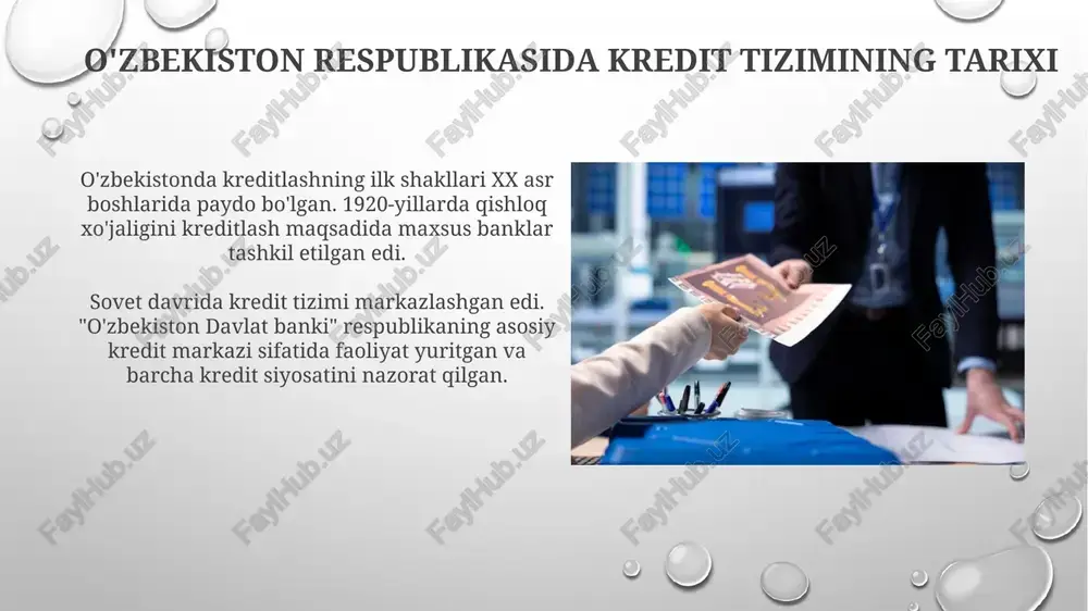 aytirishga qaratilgan. unda mijozning moliyaviy holati, garov ta'minoti va shartnoma shartlariga rioya etilishi muntazam ravishda tekshiriladi. kredit bozori infratuzilmasi kredit byurosi ma'lumot almashinuvi orqali banklar va moliya institutlariga mijozlarning kredit tarixini baholashda yordam beradi, bu esa risklarni kamaytiradi va kreditlash shartlarini yaxshilaydi. baholash kompaniyalari garov mulkining qiymatini aniqlashda muhim rol o'ynaydi, bu kreditlash shartlarini belgilash va kredit xavfini minimallashtirish uchun zarur bo'lgan 10-20% kapital qo'shimcha talabini oqlaydi. kredit tizimining raqamlashtirilishi raqamli kreditlash platformalari o'zbekistonda kengayib, 2023-yilda 500 million so'mdan ortiq kreditlar berildi, bu an'anaviy banklarga muqobil yechim taklif etadi. yagona identifikatsiya tizimi joriy etilishi kredit olish jarayonini soddalashtirdi, hujjatlarni yig'ish va tekshirish vaqtini 40% ga qisqartirdi. xalqaro tajriba va uning o'zbekistonda qo'llanilishi germaniya tajribasi asosida, kredit reyting agentliklarini mustaqil baholash tizimi orqali kredit xatarlarini aniqlash va kamaytirish maqsadida joriy etish muhim ahamiyatga ega. janubiy koreya modeli bo'yicha, kichik va o'rta biznesni qo'llab-quvvatlash uchun davlat tomonidan kafolatlangan kredit dasturlarini faol rivojlantirish …