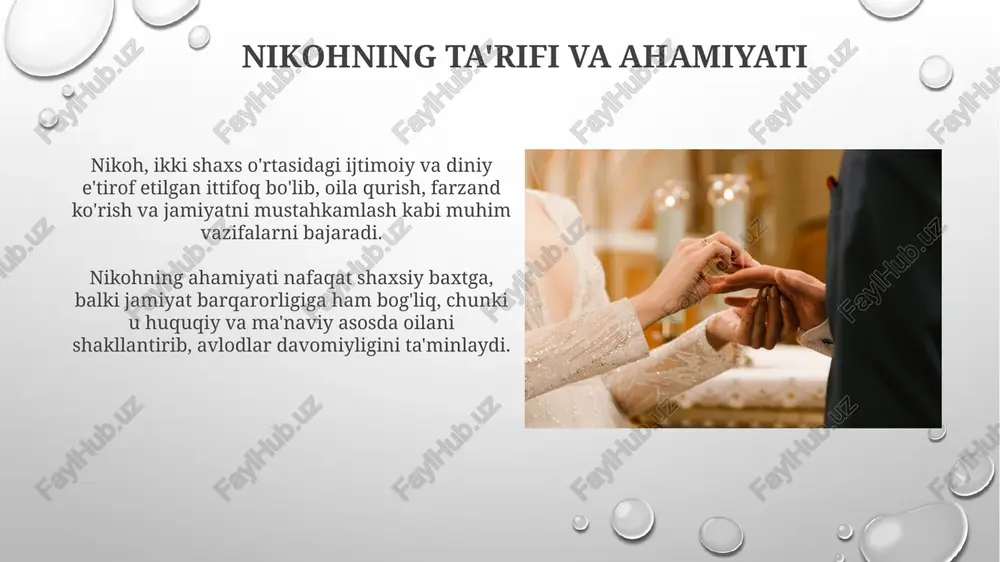 aqdirda mulkiy huquqlari aniq ko'rsatilishi mumkin. shartnomada er-xotinning bir-birini moddiy ta'minlash majburiyatlari, farzandlar ta'minoti va ularning ta'lim olishi bilan bog'liq xarajatlar aniq belgilanishi mumkin. ajralish sabablari va oqibatlari iqtisodiy qiyinchiliklar, jumladan ishsizlik va moliyaviy beqarorlik, oilaviy nizolarga sabab bo'lib, ajralish ehtimolini 30-40 foizga oshirishi mumkin. xiyonat va sodiqlikning buzilishi ajralishning asosiy sabablaridan biri bo'lib, o'rtacha 50 foiz holatlarda oilaning buzilishiga olib keladi. nikohni saqlab qolish strategiyalari munosabatlardagi muvaffaqiyat uchun "5:1 nisbati" qoidasiga amal qiling, ya'ni har bir salbiy o'zaro ta'sirga beshta ijobiy ta'sirni yaratishga harakat qiling. empatik tinglash orqali hamdardlikni rivojlantiring; sherigingizning his-tuyg'ularini tushunish uchun faol tinglang va "men seni tushunyapman" iborasini qo'llang. zamonaviy nikohdagi o'zgarishlar zamonaviy nikohda nikoh yoshining oshishi kuzatilmoqda, o'rtacha yosh 25-35 yoshgacha yetdi, bu ta'lim va kareraga e'tiborni kuchaytiradi. ajralish darajasi oshdi, taxminan 30-50% nikohlar ajralish bilan yakunlanadi, iqtisodiy mustaqillik va jamiyatning o'zgarishi sabab bo'lmoqda. nikoh va din nikoh va din islomda ikki guvoh ishtirokida, erkin …