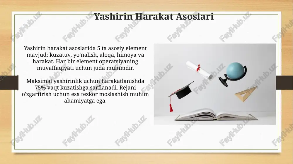 dalanish minimal quvvatda, shifrlangan chastotalar orqali qilingan qisqa, oldindan kelishilgan ma'lumotlarni o'z ichiga oladi, bu esa 12 soniyadan oshmasligi kerak. amaliy mashqlar va qiyin yerlarda harakatlanish amaliy mashqlar 40 daraja qiyalikdagi tog'larda harakatlanishni o'z ichiga oladi, bunda muvozanatni saqlash va toshlar tushishini oldini olish uchun maxsus qadam qo'yish texnikasidan foydalaniladi. botqoqli yerlarda harakatlanish mashqlari gavdani barqarorlashtirish va bosimni taqsimlash uchun 3 nuqtali aloqa usulidan foydalanishni o'rgatadi, bu esa botib qolish xavfini kamaytiradi. e'tiboringiz uchun rahmat image7.jpg image8.jpg image9.jpg image10.jpg image11.jpg image12.jpg image13.jpg image14.jpg image15.jpg image16.jpg image17.jpg image3.png image4.png