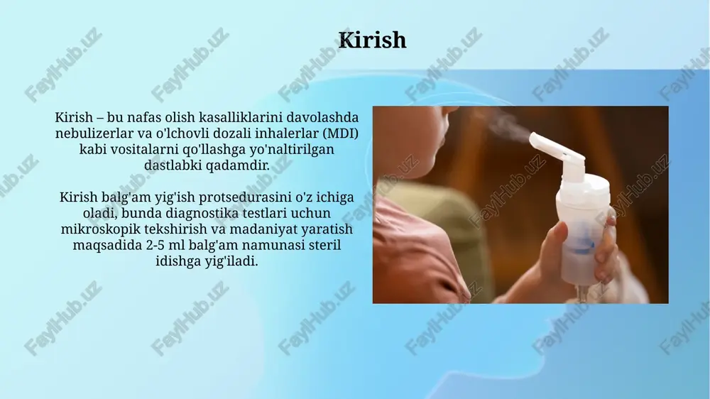 ozol tarqalishini minimallashtiradi. balğam idishini zararsizlantirish: usullari va ahamiyati balğam idishini zararsizlantirish yuqumli kasalliklarni tarqalishini oldini olishda muhim, chunki 100 daraja haroratda qaynatish patogenlarni yo'q qiladi. kimyoviy dezinfeksiya, masalan, 2% glutaraldegid eritmasi bilan 30 daqiqa davomida ishlov berish, balğam idishidagi mikroorganizmlarni nobud qiladi. zararsizlantirish uchun xavfsizlik qoidalari dezinfeksiya jarayonida shaxsiy himoya vositalaridan, masalan, qo'lqop va niqoblardan foydalanish 0.5% natriy gipoxlorit eritmasi bilan kontaktda terining himoyasini ta'minlaydi. yuzaga yo'naltirilgan dezinfeksiya vositalarining maksimal samaradorligini ta'minlash uchun 1:100 suyultirilgan oqartirish eritmasi kabi 10 daqiqa kontakt vaqtini saqlang. zararsizlantirilgan materiallarni to'g'ri utilizatsiya qilish infektsiyani nazorat qilish uchun zararsizlantirilgan materiallar 0,5% xlor eritmasida 30 daqiqa davomida namlanadi, so'ngra xavfsiz tarzda yo'q qilinadi. biologik xavfli chiqindilarni utilizatsiya qilishda 10% formalin eritmasi ishlatiladi, har bir konteynerda 12-raqamli yorliq bo'lishi va avtoklavlanishi shart. inhalatorlar va balğam yig'ishda gigiena qoidalari inhalatorni ishlatishdan oldin va keyin qo'llarni kamida 20 soniya davomida sovun va suv bilan yuvish infeksiyaning oldini olish uchun …