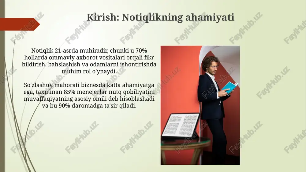 vobni aniq va maqsadli qiladi. xulosa: notiqlikni amalda qo'llash notiqlikni amalda qo'llashda, auditoriyaga ta'sir o'tkazish uchun so'z boyligidan 3-5 ta aniq va yorqin misollarni keltirish muhim ahamiyatga ega. samarali notiqlik, 70% ovoz ohangi, 20% so'zlarni tanlash va 10% tana tiliga bog'liq; bularni uyg'unlashtirish orqali maqsadga erishiladi. e'tiboringiz uchun rahmat image1.png image2.jpg image3.jpg image4.jpg image5.jpg image6.jpg image7.jpg image8.jpg image9.jpg image10.jpg image11.jpg image12.jpg image13.jpg