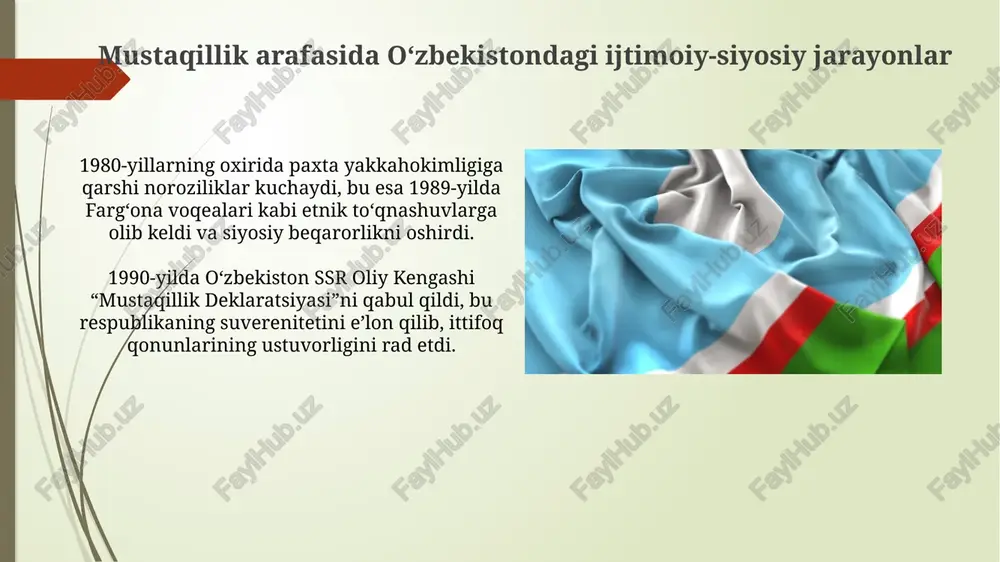 ga katta zarar yetkazdi, bu esa norozilikni kuchaytirdi. 1989-yil farg'ona voqealari kabi etnik to'qnashuvlar mahalliy hokimiyatning zaifligini ko'rsatdi, markazning aralashuvi esa vaziyatni yanada keskinlashtirdi. referendum va mustaqillik deklaratsiyasi 1990-yil 20-iyunda qabul qilingan mustaqillik deklaratsiyasi, o'zbekiston ssrning suvereniteti va davlat mustaqilligi sari muhim qadam bo'ldi, bu respublikaga ko'proq huquqlar berdi. 1991-yil 18-noyabrda o'zbekiston davlat mustaqilligi to'g'risidagi qonun qabul qilindi, u o'zbekistonni mustaqil demokratik respublika deb e'lon qildi va referendum o'tkazish zarurligini belgiladi. oʻzbekistonning suverenitet yoʻlidagi qadamlari 1989-yil 21-oktabrda qabul qilingan «davlat tili haqida»gi qonun oʻzbek tilining maqomini oshirib, milliy oʻzlikni tiklashda muhim qadam boʻldi, bu suverenitet sari intilishning boshlanishi edi. 1990-yil 20-iyunda oʻzbekiston ssr oliy kengashi «mustaqillik deklaratsiyasi»ni eʼlon qildi, bu respublikaning siyosiy va iqtisodiy suverenitetini eʼlon qilib, moskva nazoratidan uzoqlashishni anglatardi. islom omili va uning siyosiy ahamiyati 1980-yillarning oxirida islom omili milliy o'zlikni tiklashda muhim rol o'ynadi, bu esa siyosiy faollikning kuchayishiga olib keldi va mustaqillik harakatlariga ta'sir ko'rsatdi. islomiy …