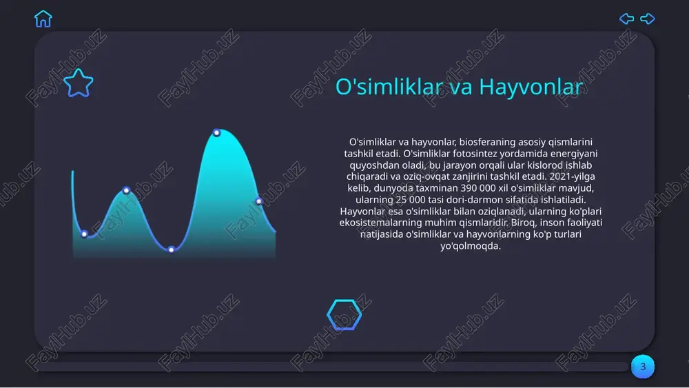 arilmasa, ekotizimlar muvozanatini saqlashda muhim rol o'ynaydi, bu esa biologik xilma-xillikni saqlaydi. ekotizimlardagi rol biologik xilma-xillik o'simliklarning oziqlanishi o'simliklar fotosintez jarayonida quyosh nuri, suv va karbonat dioksidni ishlatib, o'z oziqlarini tayyorlaydi. bu jarayonda hosil bo'lgan glukozalar o'simliklarning energiya manbai hisoblanadi. yana o'simliklar uchun zarur bo'lgan minerallar, masalan, azot va fosfor, tuproq orqali olinadi. hayvonlarning oziqlanishi hayvonlar oziqlanish jarayonida turli xil ovqatlarni iste'mol qiladi. masalan, sut emizuvchi hayvonlar, ko'pincha o'simliklar va boshqa hayvonlarni iste'mol qilishadi. hayvonlarning oziqlanishi energiya va ozuqa moddalarini olish uchun asosiy usuldir. 1 2 hayvonlar turli xil oziqlanish turlariga ega, masalan, vegetarianlar (faqat o'simliklar), karnivorlar (faqat hayvonlar) va omnivorlar (har ikkisi). oziqlanishning bu turlari hayvonlarning ekosistemadagi rolini belgilaydi. o'simliklarning o'sish shartlari o'simliklarning o'sishi uchun quyosh nuri, suv, tuproq va havo zarur. quyosh energiyasi fotosintez jarayonini amalga oshirishga yordam beradi, suv esa oziq moddalarni o'simliklar ichida transport qiladi. hayvonlarning yashash muhitlari 1 hayvonlar turli muhitlarda yashaydi, masalan, suvda, erda …
