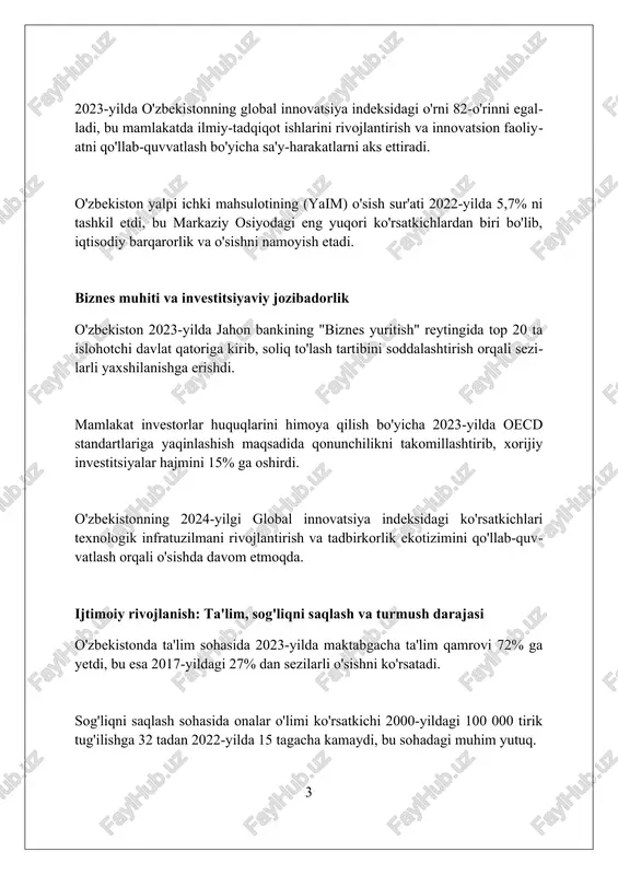 v-huquqiy hujjatlarni qabul qildi va amalga oshirdi. barqaror rivojlanish maqsadlari (brm) bo'yicha o'zbekistonning o'rni o'zbekiston 2030 yilgacha barqaror rivojlanish maqsadlariga erishish uchun milliy maqsadlarni belgiladi, ularning 16 tasi global brm bilan to'liq mos keladi. respublikada gender tengligi va ayollarning huquq va imkoniyatlarini kengaytirish bo'yicha katta ishlar olib borilmoqda, xususan, parlamentda ayollarning 30% kvotasi joriy etilgan. o'zbekiston iqlim o'zgarishiga qarshi kurashda faol ishtirok etmoqda, 2030 yilgacha issiqxona gazlari chiqindilarini 10% ga kamaytirish majburiyatini olgan. inson huquqlari va erkinliklari sohasidagi reytinglar 2023-yilda o'zbekiston freedom house'ning 'dunyo erkinligi' reytingida 100 balldan 49 ball oldi, bu erkinlik darajasining o'sishini aks ettiradi. bu siyosiy huquqlar va fuqarolik erkinliklari ko'rsatkichlarining yaxshilanishi bilan bog'liq. o'zbekiston bmt inson huquqlari bo'yicha kengashining universal davriy ko'rigida tavsiyalarni bajarish bo'yicha faol ish olib bormoqda, bu esa inson huquqlarining himoyasi sohasida milliy qonunchilikni takomillashtirishga qaratilgan. 'world justice project'ning qonun ustuvorligi indeksida o'zbekiston 2023-yilda 140 ta davlat orasida 90-o'rinni egalladi, bu o'tgan yillardagi …