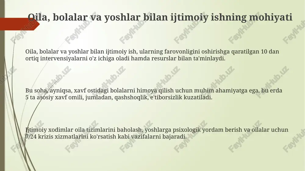 g fikrini hisobga olish zarurligini belgilaydi, bu axloqiy dilemmalarni hal etishda muhim huquqiy asos bo'lib xizmat qiladi. yoshlar jinoyatchiligi bo'yicha qonunlar (masalan, 2007-yilgi qonun) reabilitatsiya imkoniyatlarini ta'minlash bilan birga, javobgarlikni adolatli taqsimlashni talab etadi. shaxsiy ma'lumotlarni himoya qilish to'g'risidagi qonun (147-sonli qonun) oilaviy sirlarni saqlash, axloqiy mas'uliyatni oshirishda muhim ahamiyatga ega. turli xil madaniyatlarda oila va bolalarga yondashuv osiyo madaniyatlarining ko'pchiligi oilaviy qarorlarda kattalarning fikriga katta ahamiyat beradi. bu esa bolalarning mustaqil fikrlash qobiliyatiga ta'sir qilishi mumkin. ba'zi madaniyatlarda bolalar 5-7 yoshgacha bo'lgan davrda ko'proq erkinlikka ega, o'yin orqali o'rganishga urg'u beriladi, rasmiy ta'lim esa keyinroq boshlanadi. individualistik madaniyatlarda bolalarga 18 yoshdan keyin o'z hayotini mustaqil ravishda qurishga undashadi, oiladan alohida yashash odatiy holga aylanadi. kelajak tendentsiyalari va innovatsiyalar oilalarga, bolalarga va yoshlarga ijtimoiy yordam ko'rsatishda sun'iy intellekt (ai) va katta ma'lumotlar tahlili orqali prognozlash imkoniyatlari ortadi. virtual reallik (vr) va kengaytirilgan reallik (ar) texnologiyalari, ayniqsa, bolalar va yoshlar bilan …