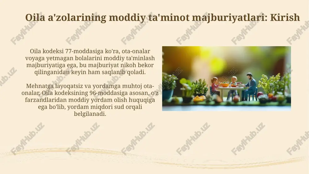 ng foizlari sifatida belgilanadi, masalan, bitta farzand uchun 25%, ikkita uchun 33% va uch yoki undan ortiq farzand uchun 50%gacha. aliment to'lash tartibi sud qarori yoki aliment to'lash to'g'risidagi notarial kelishuvga muvofiq amalga oshiriladi. to'lovlar naqd pul, bank o'tkazmalari yoki boshqa qonuniy usullar bilan amalga oshirilishi mumkin. aliment miqdorini aniqlash aliment miqdorini aniqlashda sud oilaviy va moliyaviy ahvolni, bolaning ehtiyojlarini, 16 yoshdan katta bo'lsa, uning daromadini hisobga oladi. ota-onadan farzandlar uchun aliment miqdori ularning daromadining qat'iy foizi (masalan, 1 farzandga 1/4 qismi, 2 farzandga 1/3 qismi) sifatida belgilanadi. aliment undirish usullari sud buyrug'i asosida aliment undirishda, qarzdorning ish haqi yoki boshqa daromadlaridan har oyda qat'iy foiz (masalan, 1/4 qismi bir bola uchun) ushlab qolinadi. aliment to'lashdan bosh tortgan taqdirda, sud ijrochisi qarzdorning mol-mulkini xatlash va sotish orqali aliment qarzini undirishi mumkin, o'zbekiston respublikasi qonunchiligiga muvofiq. aliment majburiyatlarini o'zgartirish yoki bekor qilish aliment majburiyatlari moddiy ahvoli o'zgarishi tufayli sud qarori bilan …