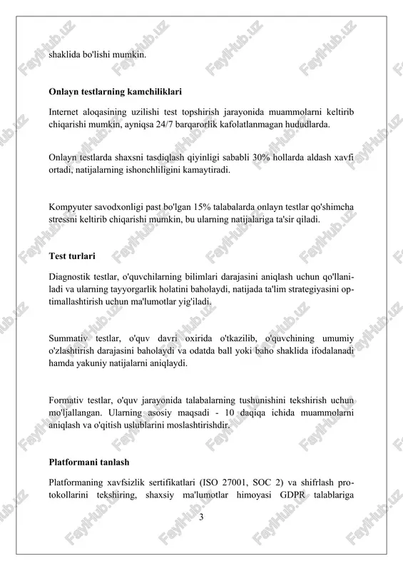 javoblarni serverga uzatish vaqtida ma'lumotlar xavfsizligini 99.9% kafolatlaydi. foydalanuvchi tajribasini yaxshilash test topshiruvchilarga intuitiv interfeysni taqdim etish, masalan, progress bar va aniq ko'rsatmalar bilan, muvaffaqiyat darajasini 15-20 foizga oshirishi mumkin. baholash platformasida mobil moslashuvchanlikni optimallashtirish, 80% foydalanuvchilar mobil qurilmalaridan foydalanishini hisobga olib, ortiqcha yuklanishni kamaytiradi. real vaqtda qo'llab-quvvatlash xizmatini integratsiyalash, javob vaqtini 2 daqiqadan kamroq qilish va savollarga tez javob berish orqali qoniqish darajasini oshirish. natijalarni baholash usullari baho usuli ballar yig'indisini hisoblashga asoslanishi mumkin, bunda har bir to'g'ri javob 1 yoki undan ortiq ballga ega bo'ladi va yakuniy ball 100% dan chiqariladi. kriteriyga asoslangan baholashda javoblar oldindan belgilangan mezonlar bo'yicha baholanadi, masalan, 5 ballik shkala bo'yicha; bu talabalarga aniq kutishlarni taqdim etadi. norma-mezonli baholash usuli talabalarning ishlashini sinfdagi boshqa talabalarning ishlashi bilan solishtiradi, masalan, o'rtacha ko'rsatkichdan 1 standart chetlanish. statistika va tahlil statistika va tahlil - bu ma'lumotlarni yig'ish, tashkil etish, tahlil qilish, talqin qilish va taqdim etishning o'ziga …