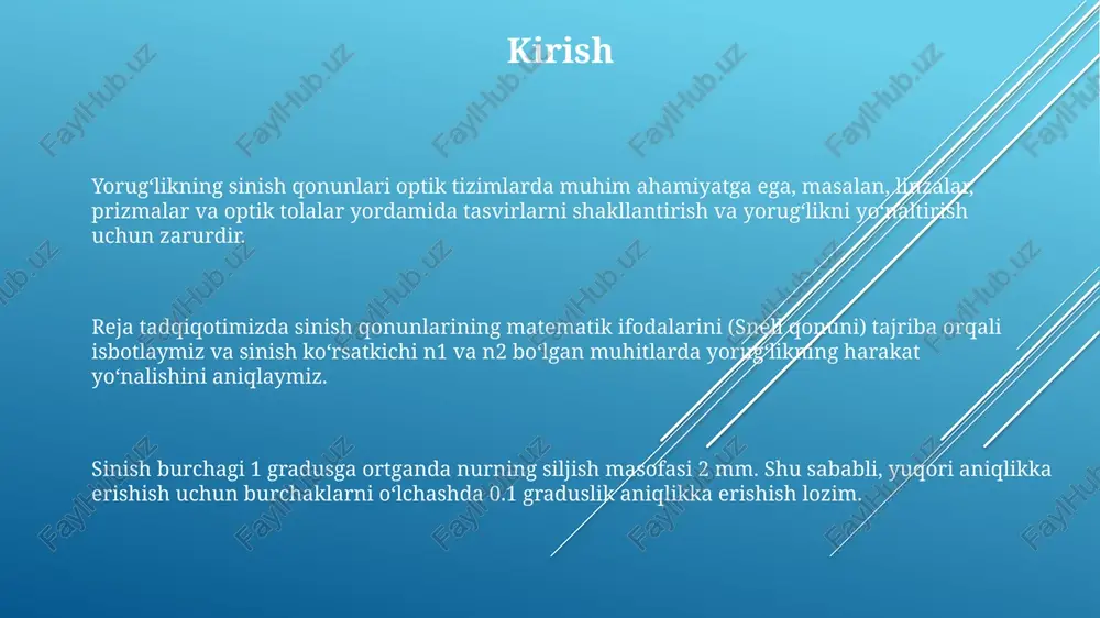 ridir. to'liq ichki qaytish to'liq ichki qaytish hodisasi sindirish ko'rsatkichi yuqori bo'lgan muhitdan (n₁) pastroq bo'lgan muhitga (n₂) o'tayotgan nur tushish burchagi chegaraviy burchakdan katta bo'lganda kuzatiladi. chegaraviy burchak θc sinθc = n₂/n₁ formula bilan aniqlanadi. agar tushish burchagi undan katta bo'lsa, nur ikkinchi muhitga o'tmaydi, balki birinchi muhitda to'liq qaytadi. to'liq ichki qaytish optik tolalar, endoskoplar va ba'zi prismalar kabi texnologiyalarda qo'llaniladi, bunda nur yo'qotishsiz uzoq masofalarga uzatiladi yoki tasvirlar uzatiladi. tajriba uchun materiallar va uskunalar refraktsiya va qaytarilish burchaklarini aniqlash uchun burchak o'lchagichga ega bo'lgan goniometr, shuningdek, turli xil sindirish ko'rsatkichlariga ega bo'lgan shisha prizmalardan foydalaniladi. tajriba yorug'lik nurining yo'nalishini kuzatish va o'lchash imkonini beruvchi lazer manbai (masalan, geliy-neon lazer) va optik skameyka yordamida amalga oshirilishi darkor. yassi ko'zgular va turli qalinlikdagi shaffof plastinkalar (shisha, organik shisha, suvli idish)ni o'rnatish va har bir muhit uchun o'zgarishlarni qayd etish kerak. tajriba jarayoni tajriba jarayonida yorug'lik nurining tushish burchagi (θ₁) …