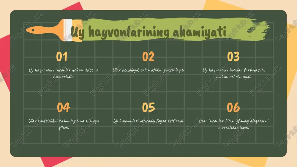 llik hayvonlarning sog'lig'ini ta'minlaydi. genetik xilma-xillik slidesmania.com genetik tadqiqotlar genetik tadqiqotlar hayvonlar populyatsiyasini o'rganadi. genomni o'rganish orqali yangi imkoniyatlar paydo bo'ladi. genetik yutuqlar kasalliklarga qarshi kurashda muhimdir. genetik muammolar hayvonlar sog'lig'iga ta'sir qiladi. genetik nazorat orqali sog'lom avlodlar yetishtiriladi. 1 2 3 4 5 tadqiqot usullari genomni o'rganish hayvonlar genetikasidagi yutuqlar genetik muammolar genetik nazorat slidesmania.com uy hayvonlari va iqlim uy hayvonlarining iqlim sharoitiga moslashishi ularning hayot faoliyatini belgilaydi. misol uchun, issiq iqlimda yashovchi itlar ko'proq suvsiz hayot kechirish qobiliyatiga ega. 2020-yilgi ma'lumotlarga ko'ra, iqlim o'zgarishi natijasida, hayvonlarning 30% dan ortig'i xavf ostida. slidesmania.com madaniyat va uy hayvonlari uy hayvonlari madaniyatimizning ajralmas qismidir. slidesmania.com mahalliy va jahon bozorida uy hayvonlari bozori global iqtisodiyotni qo'llab-quvvatlaydi. uy hayvonlari bozori o'zbekistonda uy hayvonlariga talab oshmoqda. mahalliy tendentsiyalar jahon bozorida uy hayvonlari mahsulotlari savdosi 350 milliard dollarni tashkil etadi. jahon tendentsiyalari slidesmania.com uy hayvonlarining doctorligi sog'liqni saqlash ahamiyati uy hayvonlari sog'ligini saqlash muhimdir. kasalliklar …