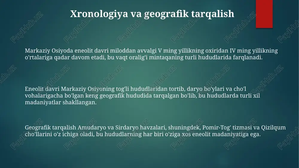 vf ostida, buning oqibatida ko'p artefaktlar yo'qolgan. iqlim o'zgarishi tufayli ko'p joylarda eroziya kuchaygan, bu esa arxeologik kontekstni buzadi va erta davrlarga oid ma'lumotlarni yo'q qiladi. e'tiboringiz uchun rahmat image1.png image2.png image3.png image4.png image5.png