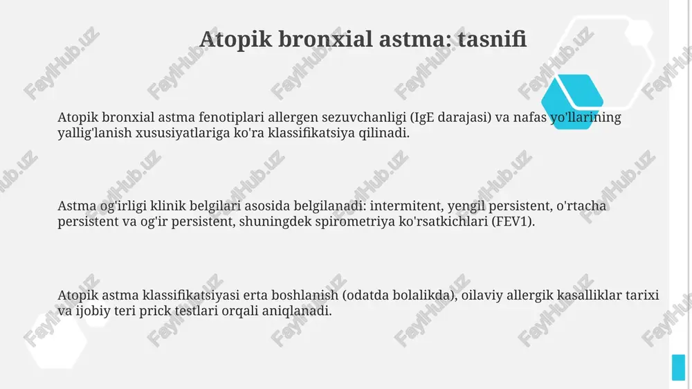 iqlashga yordam beradi. bronxial astma va bronxiolitni ajratish bolalarda muhim ahamiyatga ega; bronxiolit odatda rsv (nafas olish sinsitial virusi) bilan bog'liq, astma esa allergik omillar bilan bog'liq bo'lishi mumkin. davolash maqsadlari asosiy maqsadlardan biri o'pka funktsiyasini yaxshilash, fev1 ko'rsatkichini normallashtirishga intilish va bronxial giperreaktivlikni kamaytirish orqali kasallikni to'liq remissiyaga olib chiqishdir. davolash maqsadi simptomlarni nazorat qilish, masalan, kunlik va tungi simptomlar, nafas qisilishi epizodlarini kamaytirish va pef qiymatini 80% dan yuqori ushlab turishdir. astma davolashda maqsad bemorning hayot sifatini yaxshilash, shu jumladan jismoniy faollikni oshirish, uyquni yaxshilash va o'tkir xurujlar xavfini minimallashtirishni ko'zda tutadi. farmakologik davolash inhalyatsion kortikosteroidlar (iks) asosiy davolash hisoblanadi; misol uchun, beklo-metazon dipropionat 200-400 mkg/kun dozada yallig'lanishni kamaytiradi va nazoratni yaxshilaydi. beta-2 agonistlar, masalan, salbutamol 100-200 mkg, bronxodilatatorlar bo'lib, bronxlarni kengaytiradi va nafas olishni 5-15 daqiqa ichida yengillashtiradi, ammo uzoq muddatli ta'sirga ega emas. leykotrien modifikatorlari, masalan, montelukast 10 mg, leykotrien retseptorlarini bloklaydi, yallig'lanishni kamaytiradi va astma …