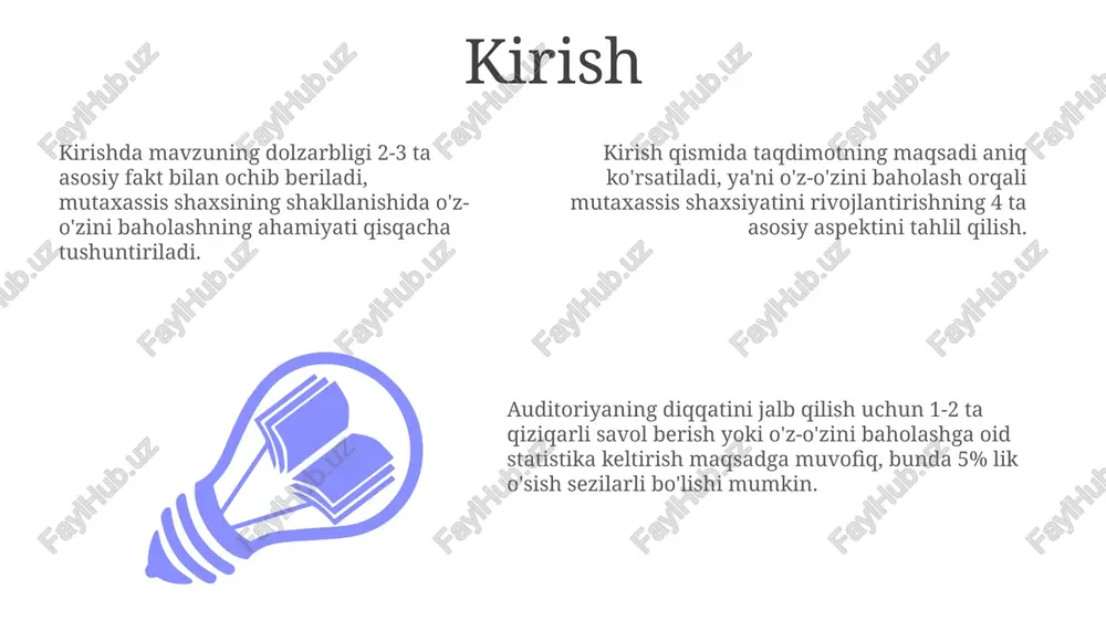ijalari, martaba rejalashtirishning 5 yillik strategiyasini shakllantirish uchun muhim, bunda shaxsiy o'sish maqsadlari aniq belgilanadi. o'z-o'zini baholashning afzalliklari va kamchiliklari kam baholash 60% hollarda o'z qobiliyatlariga ishonchsizlikni keltirib chiqaradi, natijada professional o'sish uchun 45% imkoniyatni boy berishga olib keladi. o'z-o'zini yuqori baholash, shaxsning ambitsiyalarini oshirib, 110% kuch bilan harakat qilishga undaydi, lekin real imkoniyatlarni 80% e'tiborsiz qoldirish xavfini tug'diradi. adekvat o'z-o'zini baholash 90% holatda shaxsning kuchli va zaif tomonlarini aniq ko'rsatib, 75% muvaffaqiyatli professional rivojlanish garovidir. o'z-o'zini baholashni rivojlantirish usullari «360 daraja» baholash usuli, turli manbalardan (rahbar, hamkasb, mijoz) fikr-mulohazalar olish orqali professional kompetensiyalarni aniqlashga yordam beradi. smart maqsadlar qo'yish: aniq (specific), o'lchanadigan (measurable), erishiladigan (achievable), real (relevant), vaqt bilan chegaralangan (time-bound) maqsadlar orqali o'z-o'zini baholashni rivojlantirish. refleksiya kundaligini yuritish: har kuni o'zingizning yutuqlaringiz va kamchiliklaringizni yozib boring. bu, o'zingizni chuqurroq anglashga va baholashga turtki beradi. o'z-o'zini baholashda xatoliklar va ularni bartaraf etish yo'llari o'zini ortiq baholash, dunning-kruger effekti kabi, …