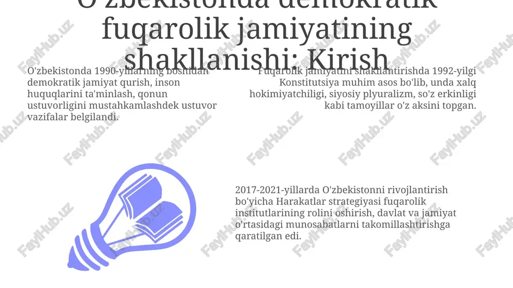 instituti oavlar siyosiy partiyalarning platformalarini 24/7 yoritib, jamiyatga turli xil fikrlarni taqdim etadi, bu esa 18 yoshdan oshgan fuqarolarning ongli ravishda ovoz berishiga yordam beradi. oav xalq deputatlari kengashlari faoliyatini muntazam ravishda yoritib boradi, bu orqali mahalliy hokimiyatning hisobdorligini oshiradi va 7500 dan ortiq mahalliy muammoning hal etilishiga ko'maklashadi. 2023-yilda oav orqali davlat organlarining 1000 dan ortiq qarorlari muhokama qilindi, bu esa fuqarolarning boshqaruv jarayonlarida ishtirok etish darajasini sezilarli ravishda oshirdi. mahalliy o'zini o'zi boshqarish organlari – fuqarolik jamiyatining asosiy bo'g'ini konstitutsiyaning 105-moddasi mahallaning maqomini belgilaydi, u fuqarolarning hududiy birlashmasi bo'lib, o'zini o'zi boshqarish huquqiga ega ekanligini ta'kidlaydi. mahalliy o'zini o'zi boshqarish organlari, ya'ni mahalla, 500 yildan ortiq tarixga ega bo'lib, fuqarolarning kundalik muammolarini hal qilishda muhim rol o'ynaydi. 2021-yilda “mahalla va oilani qo‘llab-quvvatlash vazirligi” tashkil etildi, bu esa mahallaning fuqarolik jamiyatidagi rolini yanada mustahkamlashga qaratilgan muhim qadamdir. saylov tizimi va fuqarolarning siyosiy ishtiroki o'zbekiston saylov tizimi aralash tizim bo'lib, …