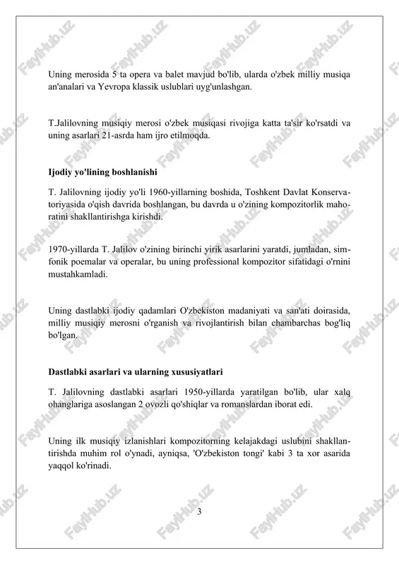 nmoqda. uning musiqiy uslubining o'ziga xosligi jalilov musiqasi o'zbek milliy cholg'u asboblarining 12 muqomini zamonaviy orkestr bilan uyg'unlashtirishi, 20-asr kompozitorlik uslubini aks ettiradi. uning uslubi 7/8, 9/8 kabi murakkab ritmik tuzilmalarni ishlatish bilan ajralib turadi, bu o'zbek folkloriga xos 15 dan ortiq ohanglarni boyitadi. jalilovning asarlarida dramatizm va lirikaga alohida e'tibor qaratilgan, bu esa 30 dan ortiq sahna asarlarida aniq namoyon bo'ladi. shogirdlari va izdoshlari t.jalilovning shogirdlari orasida o'zbekiston xalq artisti faxriddin umarov bor edi, u maqom san'atida o'ziga xos maktab yaratganligi bilan mashhur. uning izdoshlari an'anaviy musiqani 21-asrga olib chiqishdi, uning uslubini saqlab, elektronika elementlari bilan boyitishga harakat qilishdi. jalilov maktabining ko'plab vakillari o'zbekiston davlat konservatoriyasida dars berishadi, bu esa tajribani yosh avlodga yetkazishning muhim omilidir. t.jalilovning mukofotlari va unvonlari t. jalilov 1977-yilda o'zbekiston ssr xalq artisti unvoniga sazovor bo'ldi, bu uning milliy san'atga qo'shgan ulkan hissasi uchun berilgan oliy mukofot edi. u 2003-yilda "el-yurt hurmati" ordeni bilan taqdirlandi, …