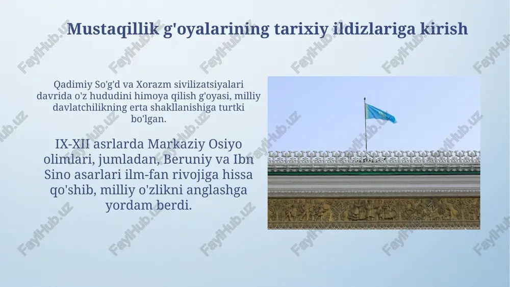 lda tashkil topib, oʻzbek tilini himoya qilish va ekologik muammolarni hal qilish kabi masalalarni koʻtardi, bu esa milliy harakatning faollashuviga turtki berdi. 1990-yil 20-iyun: mustaqillik deklaratsiyasi qabul qilinishi 1990-yil 20-iyunda qabul qilingan mustaqillik deklaratsiyasi, o'zbekiston ssrning siyosiy va iqtisodiy suverenitetini e'lon qildi, bu esa markaziy hokimiyatdan avtonomiyani oshirishga qaratilgan muhim qadam edi. deklaratsiya o'zbekiston ssr konstitutsiyasi va qonunlarining respublika hududida ustunligini ta'minladi, bu esa moskva nazoratidan uzoqlashish va mustaqil huquqiy tizim yaratish uchun zamin yaratdi. 1991-yil 31-avgust: o'zbekiston respublikasi mustaqilligining e'lon qilinishi 1991-yil 31-avgustda o'zbekiston respublikasi mustaqilligi e'lon qilindi, bu 70 yildan ortiq sovet hokimiyatidan so'ng milliy davlatchilikni tiklashning muhim qadami bo'ldi. o'zbekistonning mustaqillik deklaratsiyasi oliy kengash tomonidan qabul qilindi va bu respublikaning siyosiy va iqtisodiy suverenitetini rasman e'lon qildi. mustaqillikning dastlabki yillari: qiyinchiliklar va imkoniyatlar iqtisodiy inqiroz, 1992-1995 yillarda rubl zonasidan chiqish, inflyatsiyaning keskin oshishi (1000% dan ziyod) kabi qiyinchiliklar xalq farovonligiga salbiy ta'sir ko'rsatdi. 1991-1993 yillarda davlat qurilishida …