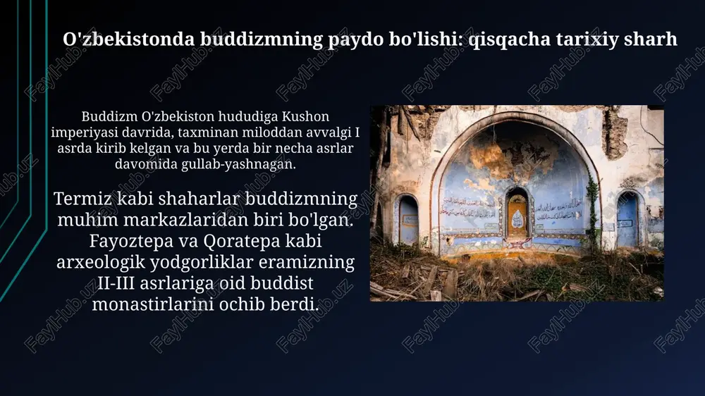abab bo'ldi va buddist monastirlari kamaydi. temuriylar davrida (xiv-xv asrlar) islom davlat dini sifatida mustahkamlandi, bu esa buddizmning qoldiqlarini butunlay yo'qotishga va uning ta'sirini yo'q qilishga olib keldi. zamonaviy o'zbekistonda buddizm izlari zamonaviy o'zbekistonda buddizmning moddiy izlari, ayniqsa termiz arxeologiya muzeyida saqlanib qolgan 1-4-asrlarga oid buddist haykallarida namoyon bo'ladi. hozirgi o'zbekistonda buddizmga qiziqishning uyg'onishi kuzatilmoqda, bu tadqiqotlar va diniy turizm orqali budda merosiga bo'lgan hurmatni aks ettiradi. buddizmning tarixiy merosini o'rganish va saqlash surxondaryo viloyatidagi qoratepa va fayoztepa kabi buddistik yodgorliklar i-iii asrlarga oid bo'lib, ularni o'rganish o'zbekiston budizm tarixini aniqlashda muhim rol o'ynaydi. termiz arxeologiya muzeyida saqlanayotgan buddistik san'at asarlari, jumladan haykallar va freskalar, buddizmning kushon imperiyasi davridagi ta'sirini ko'rsatadi hamda ularni asrash zarur. e'tiboringiz uchun rahmat image1.jpg image2.jpg image3.jpg image4.jpg image5.jpg image6.jpg image7.jpg image8.jpg image9.jpg image10.jpg image11.jpg image12.jpg