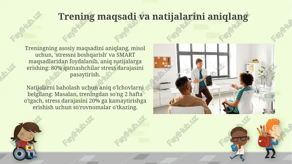 ining ochiq fikr bildirishiga imkon beradi, bu juda muhim. guruh dinamikasini hisobga oling guruh dinamikasi, jumladan, 7-10 ishtirokchidan iborat kichik guruhlarda o'zaro ta'sirni kuchaytiring. bu g'oyalar almashinuvini va birgalikda o'rganishni osonlashtiradi. trening davomida 3-4 xil interaktiv mashqlardan foydalaning, bu ishtirokchilar o'rtasida ijobiy munosabatni rivojlantiradi va guruh jipsligini oshiradi. turli xil o'quv uslublariga moslashing o'quv materialini taqdim etishda vizual, auditorial va kinestetik uslublarni hisobga oling, har bir ishtirokchi uchun 25-30% mos keladigan elementlarni kiriting. amaliy mashqlar va simulyatsiyalarni 15-20 daqiqa davomida tashkil eting, bu kinestetik o'quvchilarga yaxshiroq singdirishga yordam beradi, nazariyani 50% ga kamaytiring. texnologiyadan foydalaning trening jarayonida interaktivlikni oshirish uchun 2 ta onlayn so'rovnoma platformasidan foydalaning, masalan, mentimeter va slido, natijalarni real vaqtda tahlil qilish imkonini beradi. vr simulyatsiyalari murakkab vaziyatlarni boshqarish ko'nikmalarini shakllantirish uchun ishlatilishi mumkin. taxminan 3 ta turli stsenariyni taqdim etish orqali ishtirokchilar ko'nikmalarini oshiring. treningni baholang va yaxshilang ishtirokchilarning fikr-mulohazalarini 1 dan 5 gacha boʻlgan shkala …