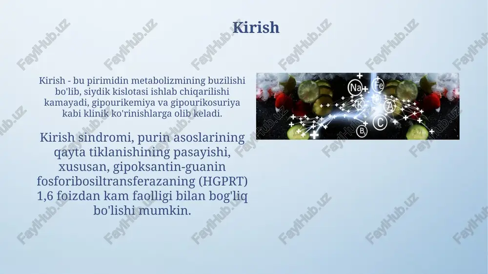 , nh3 va beta-aminokislotalarni hosil qiladi, masalan, beta-alanin (sitizin va uratsildan). timin katabolizmi beta-aminoizobutiratni hosil qiladi, bu esa ba'zi odamlarda, ayniqsa kelib chiqishi bo'yicha, siydikda yuqori konsentratsiyalarda uchraydi va dnk katabolizmining markeridir. purinlar va pirimidinlar metabolizmining tartibga solinishi purin biosintezi amp va gmp tomonidan teskari aloqa orqali tartibga solinadi, bu esa prpp amidotransferaza fermentining faolligini inhibe qiladi, bu esa 5'-fosforibosilamin hosil bo'lishini kamaytiradi. pirimidin biosintezida karbamoil fosfat sintetaza ii utp tomonidan allosterik inhibe qilinadi, bu pirimidinlar miqdori yuqori bo'lganda de novo sintezini sekinlashtiradi va dihidroorotat dehidrogenazani tartibga soladi. purinlar metabolizmining buzilishi gout, purin almashinuvining buzilishi, qonda siydik kislotasi darajasining yuqori bo'lishi (6.8 mg/dl dan yuqori) bilan tavsiflanadi, bu bo'g'imlarda kristallarning to'planishiga olib keladi. lesch-nyhan sindromi x-bog'langan genetik kasallik bo'lib, hgprt fermenti yetishmovchiligi natijasida kelib chiqadi, bu siydik kislotasi darajasining sezilarli darajada oshishiga (10 mg/dl dan yuqori) olib keladi. pirimidinlar metabolizmining buzilishi o'roq kislotasiurik ekskretsiyasi bilan kechadigan irsiy kasallik, o'rotikatsiduriya, pirimidin …