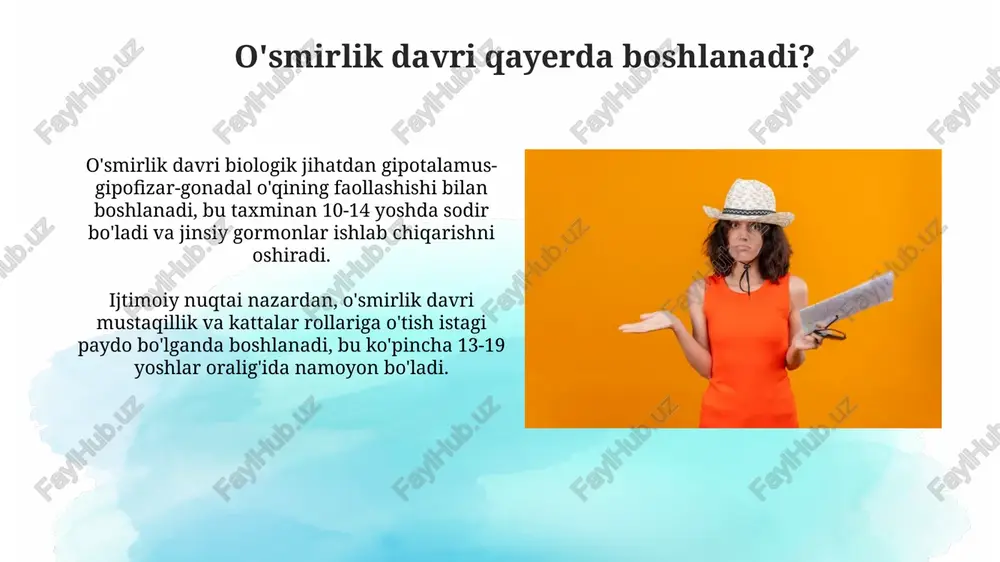 icha professional maslahatlar beradi, bu 10 ta o'smirdan 6 tasi uchun zarur. kelajak rejalari qayerda tuziladi? kelajak rejalari, koʻpincha, shaxsning individual qadriyatlari, 18-25 yoshdagi taʼlim va martaba intilishlari shakllangan oila muhitida tuziladi. oʻsmirlar kelajakni koʻrish va rejalashtirish uchun maktablarda 9-11 sinflarda kasbiy yoʻnalish dasturlari va universitetlarning ochiq eshiklar kunlarida imkoniyat yaratadilar. o'smirlik davridagi qiyinchiliklar qayerda hal qilinadi? o'smirlik davridagi qiyinchiliklar 1) oilada, ota-onalar bilan muloqot orqali, 2) maktabda, pedagoglar va psixologlar yordamida hamda 3) tengdoshlar davrasida hal qilinadi. ba'zi qiyinchiliklar 1) psixologik markazlarda, professional yordam olish orqali, 2) tibbiyot muassasalarida, shifokorlar ko'magida va 3) huquqni muhofaza qilish organlarida hal etiladi. e'tiboringiz uchun rahmat image2.jpg image3.jpg image4.jpg image5.jpg image6.jpg image7.jpg image8.jpg image9.jpg image10.jpg image11.jpg image12.jpg image13.jpg image1.png