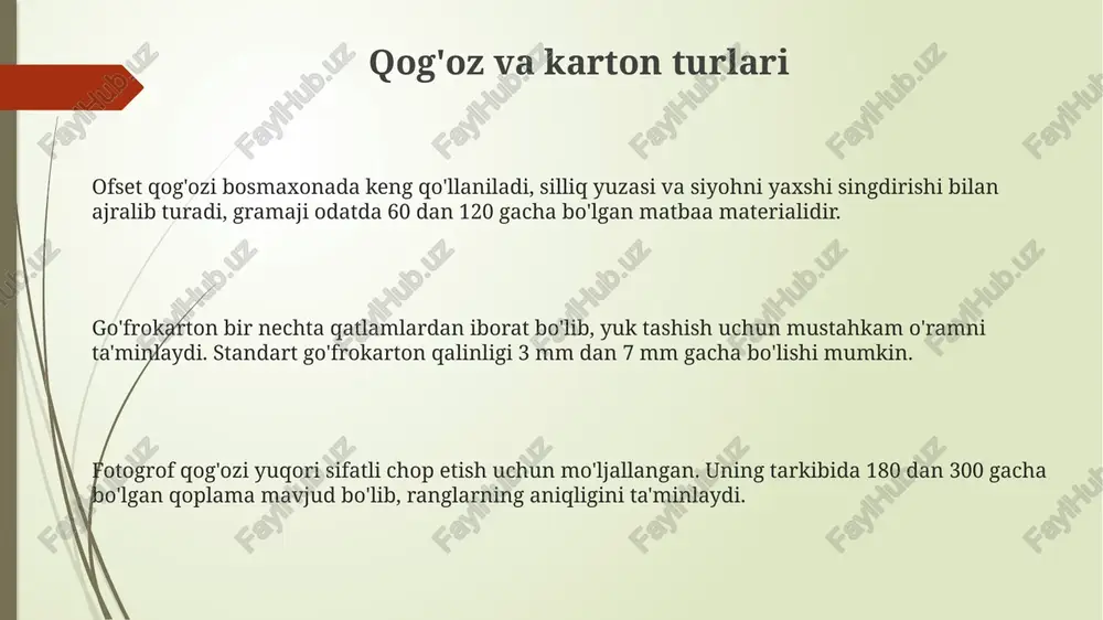 sulot 95% mosligini ta'minlash uchun qat'iy protseduralar qo'llaniladi. qog'oz sanoatida fsc sertifikati o'rmonlarni barqaror boshqarishni tasdiqlaydi, bu esa xomashyoning 80% qayta tiklanadigan manbalardan olinishini kafolatlaydi. sifat nazorati jarayonida namlik darajasi 6-8% gacha bo'lishi, og'irligi esa 1000 varaq uchun 80-120 gramm/metr kvadrat bo'lishi kabi parametrlar tekshiriladi. e'tiboringiz uchun rahmat