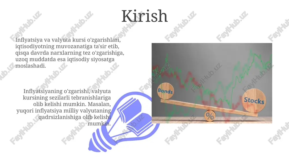 v=pq), pul massasi (m) va narxlar darajasi (p) oʻrtasida toʻgʻridan-toʻgʻri mutanosiblikni koʻrsatadi, bunda v va q barqaror hisoblanadi. nazariya inflyatsiyani tushuntirish uchun asos bo'lib xizmat qiladi: agar pul massasi o'sishi real yaim o'sishidan yuqori bo'lsa, 2% ga emas, balki 10% ga o'ssa, inflyatsiya yuzaga keladi. xarid qobiliyatining pariteti (ppp) xarid qobiliyatining pariteti (ppp) nazariyasi turli mamlakatlardagi valyutalarning xarid qobiliyatini tenglashtirishga intiladi, bir xil savat tovarlar narxi bir xil bo'lishini ta'minlaydi. mutlaq ppp valyuta kursi ikki mamlakatdagi narxlar darajasi nisbatiga teng bo'lishini ta'kidlaydi, masalan, aqshda 100 dollar, o'zbekistonda esa 1,200,000 so'm. foiz stavkalarining pariteti (irp) 01 02 foiz stavkalari pariteti (irp) valyuta kurslari bo'yicha arbitraj imkoniyatlari yo'qligini anglatadi. irp bo'yicha kutilayotgan spot kurs kelajakdagi kursi va foiz stavkalari farqi bilan belgilanadi. sales 1st qtr 2nd qtr 100 0 sales 1st qtr 2nd qtr 100 0 kutilgan inflyatsiyaning valyuta kursiga ta'siri kutilgan inflyatsiya oshishi, foiz stavkalari yuqoriligini kutish orqali, milliy valyutani qisqa …