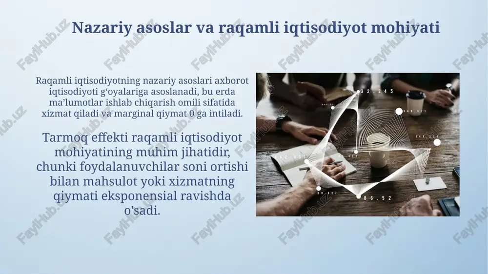 un qayta tayyorlash muhim. ta'lim tizimi raqamli savodxonlikni oshirish, ma'lumotlar tahlili va dasturlash kabi ko'nikmalarni o'rgatishga e'tibor qaratishi kerak, kelajak talablariga moslashish zarur. raqamli iqtisodiyotning ijtimoiy ta'siri raqamli iqtisodiyot ijtimoiy tengsizlikni kuchaytirishi mumkin, chunki malakali ishchilar yuqori daromad oladi, malakasi pastlar esa 20 foizgacha kamroq haq olishadi, bu esa ijtimoiy ziddiyatlarni keltirib chiqaradi. raqamli platformalar orqali yangi turdagi ish o'rinlari paydo bo'ladi, masalan, frilanserlik va gig-iqtisodiyot, ammo bu ish o'rinlari 30 foizgacha ijtimoiy himoyadan mahrum bo'lishi mumkin. global raqamli iqtisodiyot: tendentsiyalar va integratsiya global raqamli iqtisodiyotda transchegaraviy ma'lumotlar oqimi 2025-yilga borib 79 trillion dollarga yetishi kutilmoqda, bu esa xalqaro savdo va investitsiyalar uchun muhim imkoniyat yaratadi. elektron tijoratning o'sishi 2024-yilda global chakana savdoning 22 foizini tashkil etadi, bu esa kichik va o'rta biznes uchun yangi bozorlarga kirish imkoniyatini oshiradi. rivojlanish istiqbollari va yo'nalishlari kelajakda blokcheyn, sun'iy intellekt va iot kabi texnologiyalar orqali avtomatlashtirilgan jarayonlar 70% ga oshishi, biznes samaradorligini sezilarli …