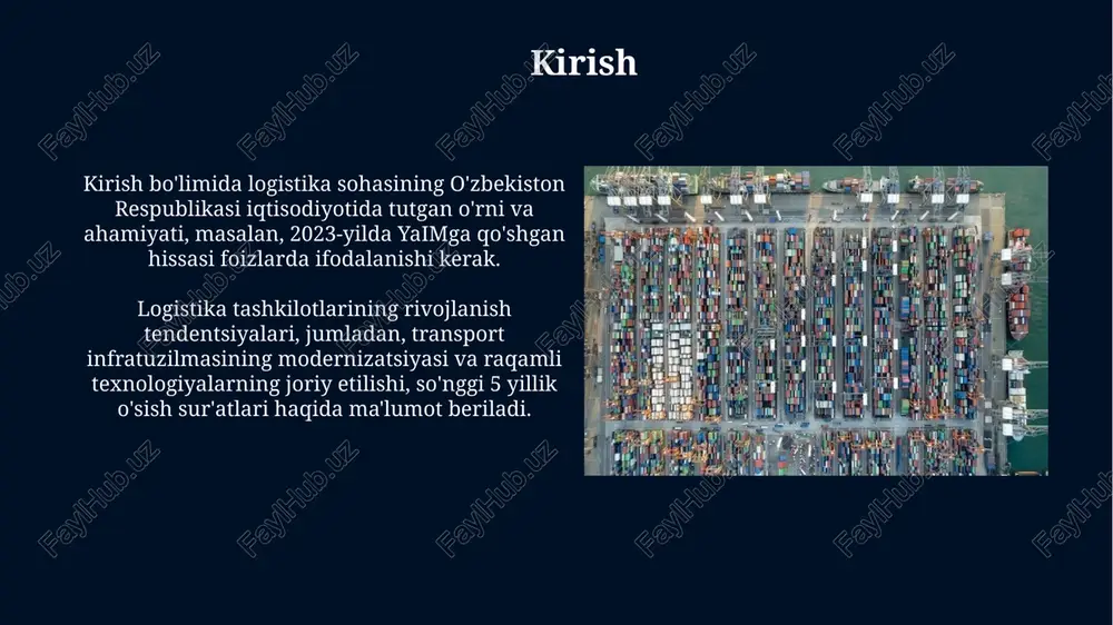 ik bilan kuzatish imkonini beradi. pochta va kuryerlik xizmatlari 'o'zbekiston pochtasi' 1862-yilda tashkil etilgan bo'lib, 2000 dan ortiq pochta bo'limlari orqali xizmat ko'rsatadi, mamlakat bo'ylab xat-xabarlar va posilkalarni yetkazib berishni ta'minlaydi. ko'plab xususiy kuryerlik xizmatlari, masalan, express mail service (ems) va dhl, tezkor yetkazib berish xizmatlarini taklif etadi va xalqaro jo'natmalar bo'yicha ixtisoslashgan. 3pl va 4pl provayderlar 3pl provayderlari aktivlarni (transport, omborlar) boshqaradi, lekin 4pl provayderlari ta'minot zanjiri integratsiyasi va optimallashtirish uchun resurslarni muvofiqlashtiradi, aktivlarga egalik qilmaydi. 3pl xizmatlari odatda transport, ombor, tarqatishni o'z ichiga oladi, 4pl esa strategik konsalting, texnologiya yechimlari va butun ta'minot zanjirini loyihalashtirishni qamrab oladi. logistika sohasidagi muammolar va istiqbollar logistika infratuzilmasining yetarli emasligi, masalan, zamonaviy omborlar va transport yo'llarining kamligi, yuk tashish xarajatlarini 15-20% ga oshiradi. raqamlashtirish darajasining pastligi, logistika jarayonlarini avtomatlashtirish va optimallashtirish imkoniyatini cheklaydi, bu esa 30% gacha samaradorlik yo'qotishiga olib keladi. logistika tashkilotlarining raqobatbardoshligi logistika xarajatlarining 15-20% gacha qisqarishi raqobatbardoshlikni oshiradi. bu …