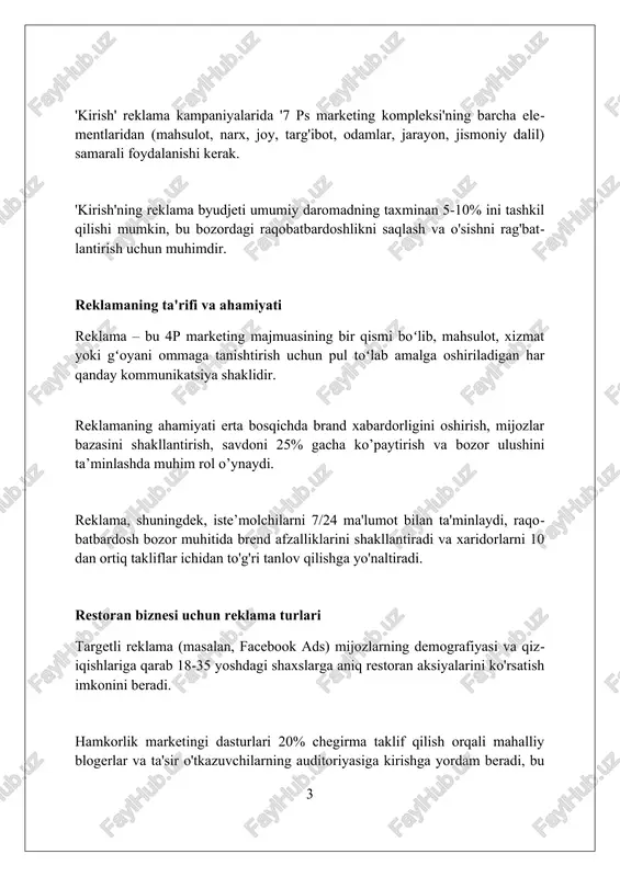 uchun byudjet rejalashtirishda marketing xarajatlari (taxminan 5-10% daromad) va operatsion xarajatlar o'rtasida aniq muvozanatni saqlash muhim. byudjet rejalashtirish reklama maqsadlarini aniqlashtirish, maqsadli auditoriyani tahlil qilish va marketing aralashmasini (4p: mahsulot, narx, joy, targ'ibot) optimallashtirishni o'z ichiga oladi. samarali reklama kanallari 'og'izdan-og'izga' marketingi (womm) - bu 74% xaridorlarning xarid qarorlariga ta'sir etuvchi tekin reklama, mijozlarning tajribasi va ularning baham ko'rishiga asoslangan. elektron pochta marketingi (edm) investitsiya qilingan har bir 1 aqsh dollari uchun o'rtacha 42 aqsh dollari daromad keltiradi, shaxsiy xabarlar va aktsiyalarni aniq maqsadli auditoriyaga yuborish imkonini beradi. mahalliy reklama, ya'ni 'native advertising', platformaning tarkibiga uyg'unlashgan holda namoyon bo'ladi. misol uchun, facebookda homiylik qilingan postlar, foydalanuvchilar e'tiborini tabiiy ravishda jalb qiladi, ctrni 18%ga oshiradi. ijtimoiy tarmoqlar marketingi ijtimoiy tarmoqlar marketingi restoran biznesiga 7 kunlik reklama kampaniyalarida mahsulotning 360 gradusli rasmlarini namoyish etib, mijozlarni jalb qilishga yordam beradi. restoranlar ijtimoiy tarmoqlar orqali 20% chegirma taklif qilish orqali yoki har bir 10-xaridga …