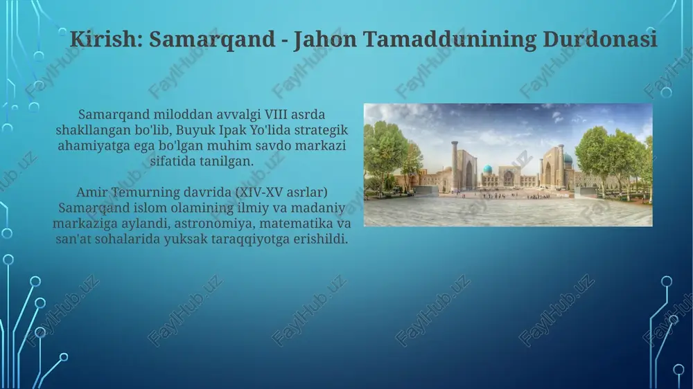 o‘rta osiyo me’morchiligining nodir namunalaridan biridir. maydonning har bir madrasasi o‘ziga xos dizaynga ega: ulug‘bek madrasasi astronomiya va matematika, sherdoriyda esa sher tasvirlari mavjud. samarqandning rossiya imperiyasi va sovet davridagi o'zgarishlari rossiya imperiyasi davrida samarqandning 1868-yilda bosib olinishi shaharning iqtisodiy tuzilishini o'zgartirdi, hunarmandchilik va savdo an'analari asta-sekin rossiya tovarlari bilan raqobatlashdi. sovet davrida, 1925-1930-yillarda samarqand o'zbekiston ssrning poytaxti bo'lgan, bu davrda shahar infratuzilmasi, sanoati va madaniyati jadal rivojlandi, yangi binolar qurildi. mustaqillik yillarida samarqandning tiklanishi va yangi rivoji 2001-yilda samarqandning tarixiy markazi yuneskoning butunjahon merosi ro'yxatiga kiritildi, bu uning global ahamiyatini tasdiqladi va tiklanishga turtki berdi. mustaqillik davrida samarqandda turizm infratuzilmasi kengaytirildi, yangi mehmonxonalar va transport tizimlari qurildi, 2023-yilda esa 'ipak yo'li' turizm markazi ochildi. samarqand - turizm markazi sifatida samarqandda 700 dan ortiq turistik ob'ektlar mavjud bo'lib, ularning 30 dan ortig'i unesco ro'yxatiga kiritilgan, bu esa uning global ahamiyatini tasdiqlaydi. 2023-yilda samarqand jahon turizm tashkilotining 25-bosh assambleyasiga mezbonlik qildi, …
