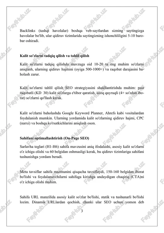 olalar qurish strategiyalari havolalar qurishda 404 xatoliklarini topish va ularni buzilgan havolalarga almashtirish (broken link building) seo uchun muhim, bu 1-usul va obroʻni oshiradi. mehmon maqolalari 2-usul sifatida, boshqa saytlarda 500-1000 soʻzdan iborat maqolalar chop etish orqali sifatli havolalar yaratish va trafikni oshirishga yordam beradi. raqobatchilarning havolalarini tahlil qilib, ularning eng yaxshi 3-usul havolalarini topish va shunga oʻxshash manbalardan havola olish seo strategiyasini yaxshilaydi. seo tahlili va hisobot berish seo tahlili veb-saytning 100 dan ortiq omilini baholaydi, jumladan kalit so'zlarni ishlatish zichligi, sarlavhalar optimallashtirilishi va backlinklar sifati kabi muhim metrikalar. hisobot berish 3 oyda bir marta o'tkazilib, veb-saytning reyting o'sishi 20% ga oshganligini, organik trafik 15% ga ko'payganligini va konversiya darajasi 8% ga yaxshilanganligini ko'rsatishi kerak. seo tahlili orqali 5 ta asosiy sahifani optimallashtirish va 30 ta sifatli backlink olish orqali veb-saytning ishlashini yaxshilash bo'yicha aniq tavsiyalar beriladi. seo algoritmlari va yangilanishlari google algoritmlarining asosiy maqsadi foydalanuvchilarga eng relevant va …