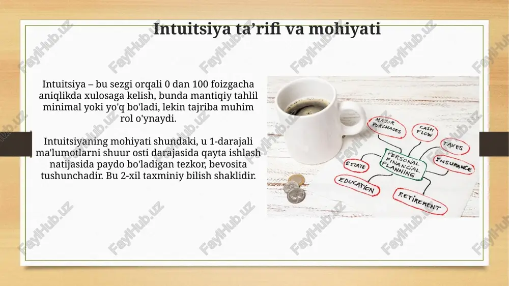 tga aylantiring. ijodiy mashg'ulotlarga, masalan, rasm chizish yoki yozishga vaqt ajrating. bu, xususan, yangi g'oyalarni generatsiya qiladi va intuitiv fikrlash qobiliyatini oshirish uchun 30-45 daqiqa davom etishi kerak. intuitsiya va qaror qabul qilish intuition qaror qabul qilishda sezgi va mantiq o'rtasidagi muvozanatni topishni o'z ichiga oladi; ba'zan 80% sezgi va 20% analiz optimal echimga olib keladi. tezkor qarorlar uchun intuitiya muhim, ayniqsa vaqt cheklangan vaziyatlarda; bu, ayniqsa 911 xizmati operatorlari kabi tezkorlik talab etiladigan sohalarda ahamiyatlidir. e'tiboringiz uchun rahmat image7.jpg image8.jpg image9.jpg image10.jpg image11.jpg image12.jpg image13.jpg image14.jpg image15.jpg image16.jpg image17.jpg image18.jpg image3.png image4.png