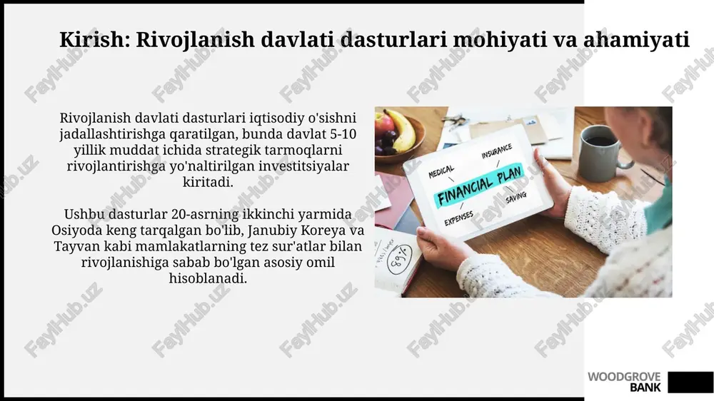 tsion moliyalashtirish usuli boʻlib, davlat va xususiy sektor resurslarini birlashtirib, xarajatlarni kamaytiradi. blokcheyn texnologiyasi asosida tokenlashtirish aktivlarni yaratadi va ularni bo'lish imkoniyatini beradi, bu esa investitsiyalarni jalb qilishning yangi usuli bo'lib, xarajatlarni kamaytiradi. woodgrove bank davlat dasturlarini moliyalashtirishning afzalliklari va kamchiliklari davlat dasturlarini moliyalashtirish, iqtisodiyotni rivojlantirishga qaratilgan investitsiyalarni jalb qilib, 10-20% ish o'rinlarini yaratadi, lekin byudjetga og'irlik qilishi mumkin. markazlashgan moliyalashtirish samaradorlikni oshiradi, resurslarni maqsadli taqsimlaydi va 5 yillik rejalarda strategik ustuvorliklarni aniqlashga yordam beradi, ammo korruptsiya xavfini oshiradi. woodgrove bank muvaffaqiyatli rivojlanish davlati dasturlari tajribasi janubiy koreyaning saemaul harakati 1970-yillarda qishloqlarni modernizatsiya qilishga qaratilgan bo'lib, infratuzilmani yaxshilash va daromadni oshirish uchun 22,000 qishloqni jalb qilgan. tayvanning 1960-yillarda boshlangan yer islohoti dasturi xususiy yer egaligini qayta taqsimlab, 300 mingdan ortiq dehqon xo'jaliklarining unumdorligini oshirdi. woodgrove bank xulosa: rivojlanish davlati dasturlarini samarali moliyalashtirish strategiyalari rivojlanish davlati dasturlarini moliyalashtirishda davlat-xususiy sheriklik (dxsh) modellari 15-20% mablag'ni jalb qilib, xavflarni taqsimlash va samaradorlikni oshirish …