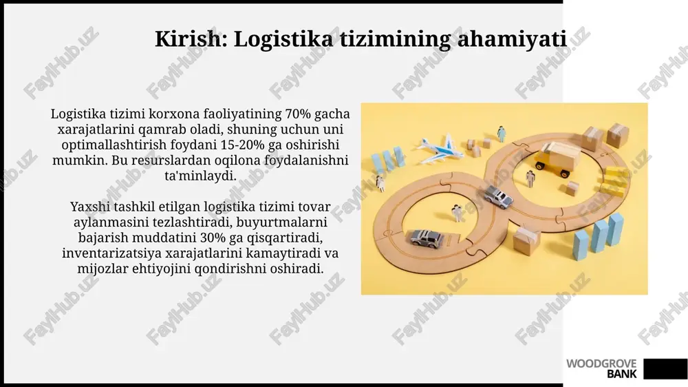 dgrove bank transport logistikasi: tanlash va optimallashtirish transport logistikasida multimodal tashishlar yuklarni 2 yoki undan ortiq transport turlari orqali yetkazishni optimallashtiradi, xarajatlarni 15-20 foizga kamaytiradi. yo'nalishni optimallashtirish dasturi transport xarajatlarini 10-15 foizga kamaytiradi, yetkazib berish vaqtini 25 foizga qisqartiradi, shu orqali samaradorlik oshadi. woodgrove bank logistika xarajatlarini tahlil qilish va kamaytirish logistika xarajatlarini tahlil qilishda abc (activity-based costing) usulidan foydalanish, har bir faoliyat uchun xarajatlarni aniqlash va ularni kamaytirish imkonini beradi. transport xarajatlarini kamaytirish uchun multimodal tashuvlardan foydalanish, yuk tashish yo'nalishlarini optimallashtirish va transport vositalarining samaradorligini oshirish kerak. woodgrove bank logistika tizimining samaradorligini baholash ko'rsatkichlari buyurtmani bajarish siklining samaradorligi, o'rtacha bajarilish vaqtini qisqartirish orqali o'lchanadi, masalan, 5 kundan 3 kungacha, bu logistika operatsiyalarini optimallashtirish orqali erishiladi. inventarizatsiya aylanmasi ko'rsatkichi, inventarizatsiya hajmining sotilgan tovarlarga nisbatini ko'rsatadi; yuqori ko'rsatkich inventarizatsiya boshqaruvining yaxshiligi va kapitalning 40% tejash imkonini beradi. woodgrove bank xulosa va takliflar: logistika tizimini takomillashtirish yo'llari inventarizatsiya boshqaruvini takomillashtirish, jumladan, abc …