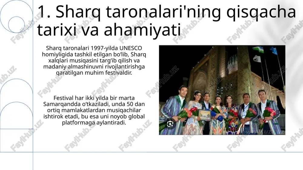 gan 3 nafar yosh ijrochini maxsus grantlar va o’quv dasturlari bilan taqdirlaydi. “sharq taronalari” doirasida 5 kunlik “mahorat maktablari” tashkil etilib, unda 20 dan ortiq yosh musiqachilar xalqaro ustozlardan saboq oladi. 11.festivalning ommaviy axborot vositalarida yoritilishi festival ommaviy axborot vositalarida 100 dan ortiq mahalliy va xorijiy jurnalistlar tomonidan yoritiladi, bu esa uning geografik qamrovini kengaytiradi. onlayn platformalar, jumladan, rasmiy veb-sayt va ijtimoiy media kanallari 5 million tomoshabinni jalb qilib, festivalning asosiy axborot manbaiga aylanadi. 12.festivalning jahon klassik musiqasi bo'yicha ma'lumotlar bazasini yaratishdagi hissasi festival klassik musiqaning 100 dan ortiq noyob asarlarini arxivlashtiradi, ularning nota yozuvlari va ijro yozuvlarini saqlash orqali ilmiy tadqiqotlar uchun imkon yaratadi. sharq taronalari har ikki yilda bir marta o'tkazilib, jahon klassik musiqasi bo'yicha 50 ga yaqin seminar va master-klasslar o'tkazilishiga xizmat qiladi. 13.festivalning tadqiqotlar va nashrlar uchun manba sifatida ahamiyati festivalda chop etilgan maqolalar to‘plamlari (masalan, 2022-yilgi nashr) musiqashunoslar uchun noyob faktik manba bo‘lib, sharq musiqasi …
