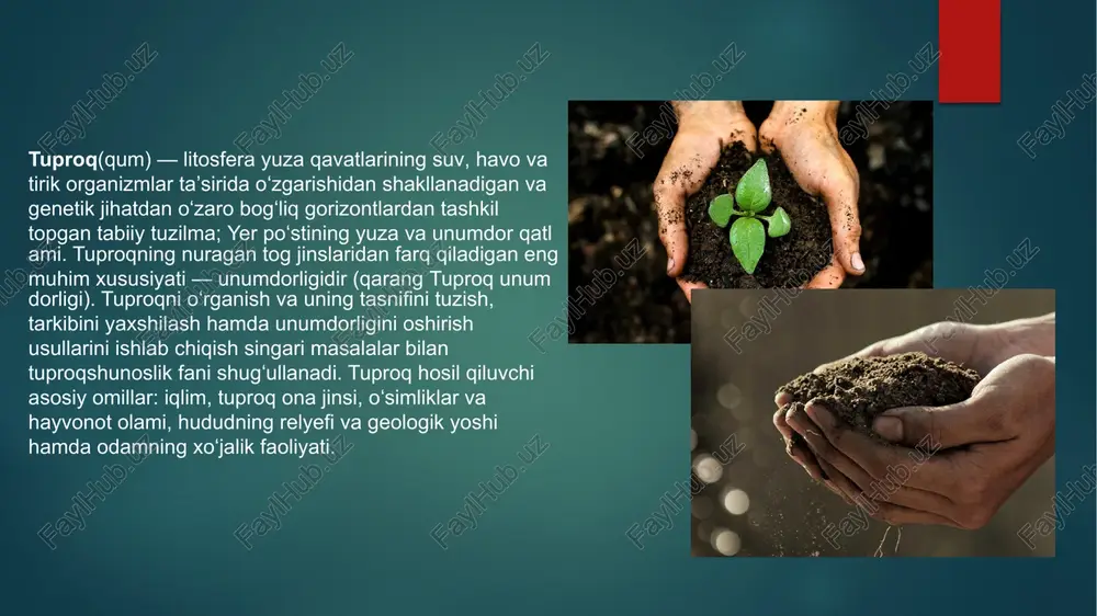 koʻra, yuvilish eroziyasi, jilgʻa va jarlanish eroziyasiga boʻlinadi. yuvilish eroziyasi tuproqqa singib ulgurmagan suvning oqimi taʼsirida vujudga kelib, tuproq qatlamining nisbatan bir tekisda yuvib ketishi bilan tavsiflanadi. jilgʻa eroziyasi jilgʻa suvining oqimi taʼsirida uncha chuqur boʻlmagan oʻydimchuqurliklar hosil boʻlishi va bilan yuz beradi va buni odatdagi yerga ishlov berish bilan bartaraf etish mumkin. jarlanish eroziyasi suv eroziyasining bir turi boʻlib, suv oqimining tor oʻzanda toʻplanib oqishi, tuproqning vertikal yemirilishi va yuvilishi natijasida vujudga keladi. suv taʼsirida yerning yuzasida oʻpqonlar paydo boʻladi. bir kdncha vaqtdan soʻng bu oʻpqonlar yemirilib jarliklar hosil boʻladi. oʻzbekistonning sugʻorma dehqonchilik zonasida suv eroziyasi namlik bilan yetarli taʼminlangan (yillik yogʻinsochin miqdori 350–400 mm dan yuqori) va yarim taʼminlangan (yillik yoginsochin miqdori 200–300 mm) lalmikor yerlarda hamda tipik va toʻq tusli sur tuproqlarda, qisman togʻ oldi va togʻ etagi qiyaliklarida (mas., toshkent, samarqand, qashqadaryo va surxondaryo viloyatlarida; umumiy maydoni 969,4 ming ga) tarqalgan. shamol eroziyasi (deflyatsiya) 2 xil …