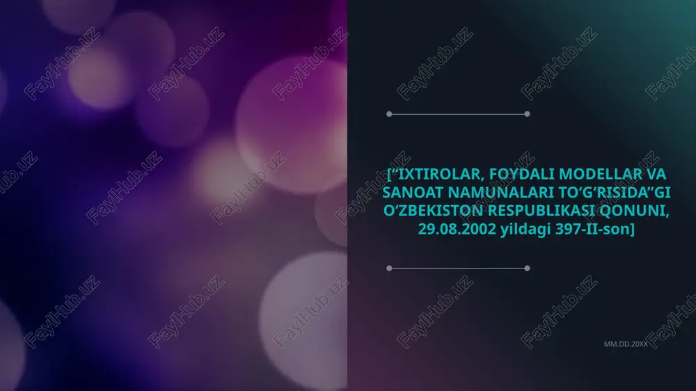 n hisoblaganda ixtiro patenti yigirma yil mobaynida, sanoat namunasi patenti oʻn yil mobaynida, foydali model patenti besh yil mobaynida amal qiladi. ixtiro patentining amal qilishi qonunchilikda nazarda tutilgan hollarda patent egasining iltimosnomasiga binoan vazirlik tomonidan koʻpi bilan besh yil muddatga uzaytirilishi mumkin 8 add a footer mm.dd.20xx ixtironing patentga layoqatlilik shartlari - agar ixtiro sifatida koʻrsatilgan obyekt yangi, ixtirolik darajasiga ega va uni sanoatda qoʻllash mumkin boʻlsa, u huquqiy muhofaza qilinadi. agar ixtiro texnika taraqqiyoti darajasidan maʼlum boʻlmasa, u yangi deb hisoblanadi texnika taraqqiyoti darajasi ixtiro ustuvorligi sanasiga qadar jahonda ommaga oshkor boʻlgan har qanday maʼlumotlarni oʻz ichiga oladi. agar ixtirodan sanoat, qishloq xoʻjaligi, sogʻliqni saqlash va boshqa sohalarda foydalanish mumkin boʻlsa, u sanoatda qoʻllash mumkin deb hisoblanadi. xtiroga taalluqli axborotning muallif, talabnoma beruvchi yoki ulardan bevosita yoxud bilvosita shu axborotni olgan har qanday shaxs tomonidan ommaviy tarzda oshkor etilishi, agar ixtiroga patent berish haqidagi talabnoma axborot oshkor etilgan sanadan …