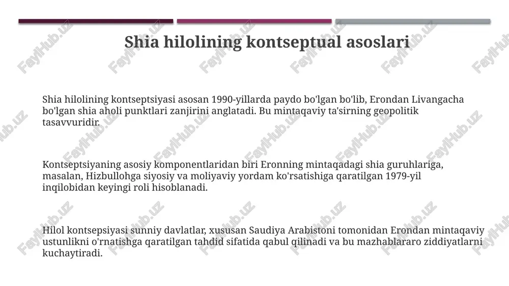 ovchiliklar etnik guruhlarga ham ta'sir qiladi; kurdlar, turkmanlar va arablar kabi etnik guruhlar shia yoki sunniy bo'lishi mumkin, bu esa siyosiy tarafkashliklarni kuchaytiradi va birlashishga to'sqinlik qiladi. bu ko'pincha 60/40 qonuniyatiga olib keladi. xalqaro o‘yinchilarning roli va manfaatlari aqsh mintaqada isroil xavfsizligini ta’minlash, terrorizmga qarshi kurash va neft ta’minotini nazorat qilish orqali o‘z ta’sirini saqlab qolishga intiladi. bu 3 ta omil ularning manfaatlari ustuvorligini belgilaydi. rossiya suriyadagi harbiy mavjudligini saqlab qolish, eron bilan strategik hamkorlikni rivojlantirish va o‘zining qurol eksportini qo‘llab-quvvatlash orqali mintaqada ta’sir o‘tkazmoqda. bu 3 ta maqsad ularning roli muhimligini ko'rsatadi. saudiya arabistoni sunniy yetakchiligini himoya qilish, eron ta’siriga qarshi turish va neft narxlarini barqarorlashtirish orqali mintaqaviy siyosatga ta’sir o‘tkazishga harakat qiladi. bu 3 ta masala ularning roli ahamiyatliligini belgilaydi. shia hilolining mintaqaviy xavfsizlikka ta’siri shia hiloli sunniy davlatlarning harbiy va siyosiy ittifoqlar tuzishiga sabab bo'ldi, mintaqada qurollanish poygasi xavfini oshirdi. shia hiloli mintaqaviy xavfsizlikni eronning ta'sir doirasini …