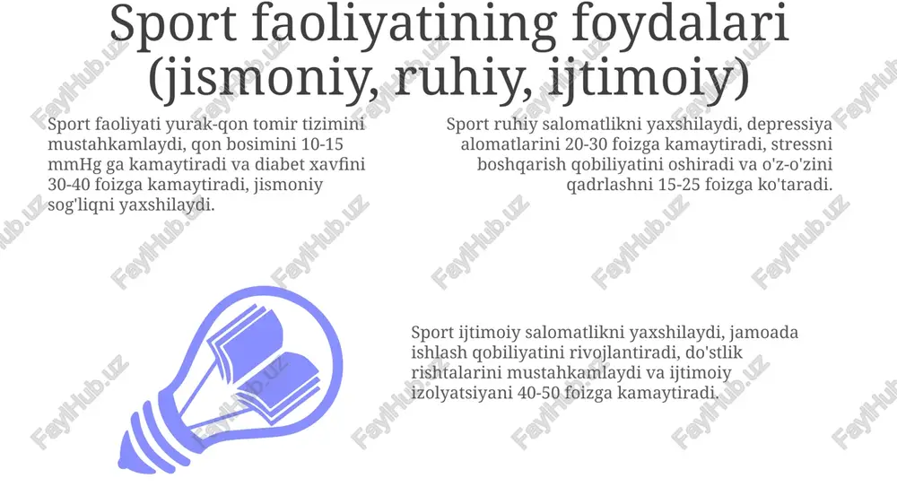 rtda shaxsiyatning shakllanishi yoshga bog'liq, 10-18 yoshdagi o'smirlarda jamoaviy sport o'ziga ishonchni 30% ga oshirishi mumkin, bunda gender farqlari ahamiyatli. madaniyat sport turiga ta'sir qiladi: masalan, kurash o'zbekistonda, beysbol esa aqshda mashhur. nogironligi bor shaxslar uchun adaptiv sport turlari mavjud. sportdagi gender stereotiplari asta-sekin o'zgarib bormoqda, ayollar futboli tobora ommalashmoqda, 2023-yilgi jahon chempionatida 1 milliarddan ortiq tomoshabin to'pladi. e'tiboringiz uchun rahmat image1.jpeg image2.jpeg image3.jpeg