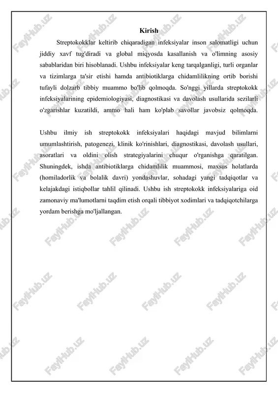 i) kiradi. bundan tashqari, terining shikastlanishi (kesilishlar, kuyishlar) bakteriyalarning kirishiga yo'l ochib, infektsiya xavfini oshirishi mumkin. sog'lom turmush tarzi, yaxshi ovqatlanish va emlash kabi profilaktika choralari streptokokk infektsiyalariga qarshi immunitetni oshirishga yordam beradi. 📈 streptokokk infektsiyasining tarqalish yo'llari ushbu jadval streptokokk infektsiyasining asosiy tarqalish yo'llari bo'yicha kasallanish holatlarining taqsimotini ko'rsatadi. streptokokk infektsiyasi: ta'rif va sabablar streptokokklar infeksiyasining yuqish yo'llari va tarqalishi streptokokklar infeksiyasi asosan yuqori nafas yo'llari kasalliklari, terining yuzasida yuzaga keladigan infeksiyalar orqali yuqadi. kasallik odamdan odamga bevosita aloqa orqali, masalan, yo'talish, aksirish yoki suhbatlashish paytida havo tomchilari orqali tarqaladi. shuningdek, zararlangan teri bilan to'g'ridan-to'g'ri aloqa qilish, masalan, yaralar yoki jarohatlar orqali ham infeksiya yuqishi mumkin. ba'zi hollarda, streptokokklar oziq-ovqat mahsulotlari orqali ham tarqalishi mumkin, masalan, noto'g'ri ishlov berilgan sut mahsulotlari yoki go'sht orqali. yuqish darajasi shaxsiy gigiena qoidalariga rioya qilish, aholi zichligi va immunitet darajasiga bog'liq. maktablar, bolalar bog'chalari va harbiy qismlar kabi odamlar ko'p to'planadigan joylar infeksiyaning …