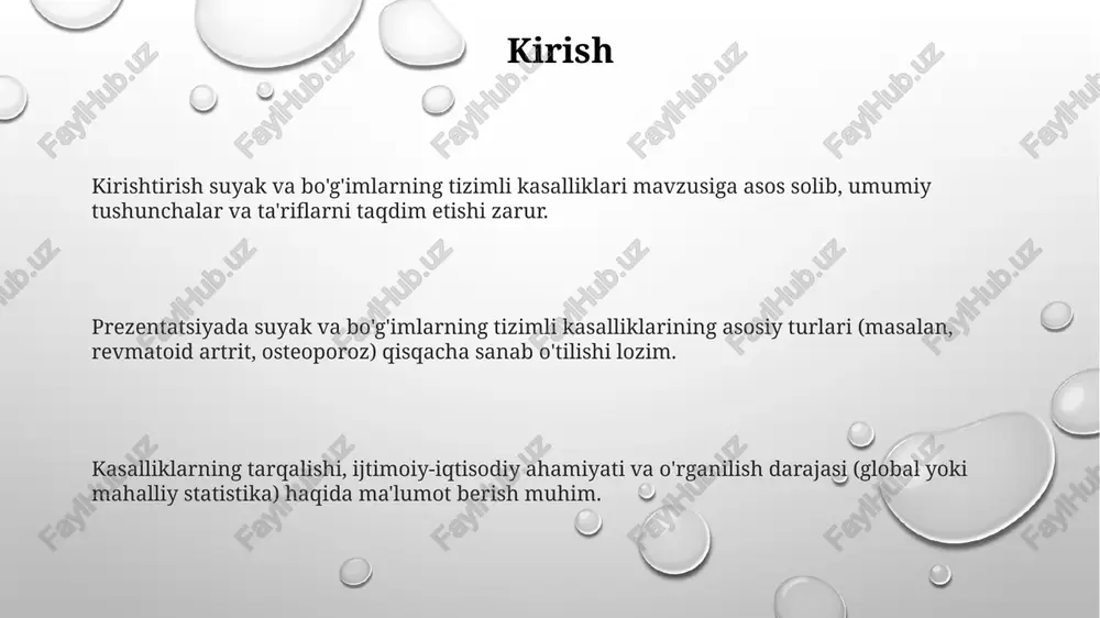 idir. akromegaliya suyaklardagi o'zgarishlardan tashqari, ko'plab kasalliklar bilan bog'liq, masalan, 2-toifa diabet, yurak-qon tomir kasalliklari, uyqu apnesi va bo'g'imlarda og'riq (artralgiya), bu esa kompleks tibbiy yondashuvni talab qiladi. gipotiroidizm qalqonsimon bez gormonlari yetishmasligi tog'ay to'qimasining normal rivojlanishiga to'sqinlik qilishi mumkin, bu esa bolalarda suyaklarning o'sishi sekinlashishiga va skelet deformatsiyalariga olib kelishi mumkin. gipotiroidizm suyak metabolizmining sekinlashishiga olib keladi, natijada suyakning yangilanishi pasayadi va osteoporoz xavfi ortadi, ayniqsa 60 yoshdan oshgan ayollarda bu holat kuzatiladi. gipotiroidizm bilan og'rigan bemorlarda mushak og'rig'i (mialgiya) va bo'g'imlarda qattiqlik (artralgiya) kuzatilishi mumkin, bu holat qalqonsimon bez gormonlari darajasini 4-6 oy davomida normallashtirish bilan yaxshilanadi. diabetik osteopatiya diabetik osteopatiya suyak zichligining pasayishi va mikroarxitektura buzilishi bilan tavsiflanadi, natijada 2-toifa diabetda sinish xavfi ortadi. giperglikemiya tufayli ilg'or glikatsiya mahsulotlari (ages) to'planishi kollagenning o'zaro bog'lanishini keltirib chiqaradi va suyak sifatini yomonlashtiradi. diabetik osteopatiyaning patofiziologiyasida insulin etishmovchiligi, insulin qarshiligi va surunkali yallig'lanish kabi omillar muhim rol o'ynaydi. revmatoid artrit …