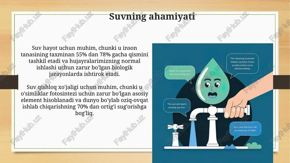 ruvchi moddalarni olib tashlashga imkon beradi, bu esa toza suvga bo'lgan talabni kamaytiradi. suvni qayta ishlashning turli xil usullari mavjud, jumladan biologik tozalash, kimyoviy cho'ktirish va uv dezinfeksiyasi, ularning har biri muayyan ifloslantiruvchi moddalarni yo'q qilish uchun mo'ljallangan. suv toshqini va qurg'oqchilik suv toshqinlari va qurg'oqchilik 1998-2017 yillar oralig'ida 3 trillion aqsh dollaridan ortiq iqtisodiy zarar keltirib, aholi punktlariga jiddiy ta'sir ko'rsatdi va migratsiyaga sabab bo'ldi. qurg'oqchilik davrida o'simliklar transpiratsiya darajasini kamaytiradi, bu esa tuproqning namlik darajasini pasaytiradi va o'rmon yong'inlari xavfini oshiradi, bu global ekotizimlarga ta'sir etadi. suv siyosati va boshqaruv suv siyosati va boshqaruvi suv resurslarini taqsimlashda adolat tamoyillarini hisobga oladi, xususan, 2030 yilgacha bmtning barqaror rivojlanish maqsadlariga erishish uchun. suv resurslarini boshqarishda havza tamoyiliga asoslangan integratsiyalashgan yondashuv qo'llaniladi, bu suvdan foydalanuvchilar o'rtasida muvofiqlikni ta'minlash uchun muhimdir. suv mojarolari suv mojarolari transchegaraviy daryolar bo'ylab yuzaga kelishi mumkin, masalan, nil daryosi, unda 11 ta davlat manfaatlar to'qnashuvi tufayli suv …