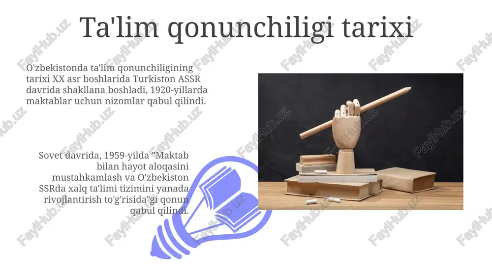 ning ichki tartib-qoidalariga rioya qilishlari shart. har bir o'quvchi sog'lom va xavfsiz muhitda ta'lim olish huquqiga ega, bunda ularning sha'ni va qadr-qimmati hurmat qilinishi kerak, ammo ular darslarga muntazam qatnashishlari lozim. ta'lim standartlari ta'lim standartlari o'quvchilarning muayyan fanlar bo'yicha erishishi kerak bo'lgan minimal bilim, ko'nikma va malakalarini belgilab beruvchi hujjatlardir. bu standartlar o'quv dasturlarini ishlab chiqish uchun asos bo'lib xizmat qiladi. davlat ta'lim standartlari (dts) umumiy o'rta ta'limning har bir bosqichi (1-4 sinflar, 5-9 sinflar, 10-11 sinflar) uchun majburiy bo'lib, o'quv yuklamasining hajmini aniqlaydi va nazorat qiladi. ta'limni moliyalashtirish 01 02 ta'limni moliyalashtirish davlat byudjeti, mahalliy byudjetlar va nodavlat manbalaridan amalga oshiriladi. davlat har yili yalpi ichki mahsulotning kamida 6 foizini ta'limga ajratishi lozim. sales 1st qtr 2nd qtr 100 0 sales 1st qtr 2nd qtr 100 0 ta'limni boshqarish ta'limni boshqarish tizimi o'zbekistonda vazirlar mahkamasi, xalq ta'limi vazirligi va oliy va o'rta maxsus ta'lim vazirligi kabi davlat organlari orqali …