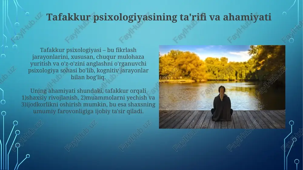 ormoni kortizol darajasini taxminan 20-30 foizga kamaytirishi mumkin. mindfulness-ga asoslangan kognitiv terapiya (mbkt) depressiya va tashvish alomatlarini kamaytirishda samarali. tadqiqotlar 40-50% gacha takroriy depressiya xavfini kamaytirishi mumkinligini ko'rsatadi. tafakkur psixologiyasida tadqiqot usullari va yondashuvlar tafakkur psixologiyasida miqdoriy usullar eeg va fmri dan foydalanib, miya faoliyatini 7/24 kuzatib, fikrlash jarayonlarining neyrofiziologik korrelyatlarini aniqlaydi. sifatli tadqiqotlar introspektsiya kundaliklari va chuqur intervyular orqali tafakkurning subyektiv tajribalarini o'rganadi, nozik ma'nolarni ochib beradi va 5w1h savollariga javob topadi. tafakkur psixologiyasining tanqidi va kelajak istiqbollari tafakkurning tanqidi ko'pincha uning 1)sub'ektiv xarakteriga, 2)o'lchashning qiyinligiga va 3)madaniy bog'liqlikka asoslanadi; kelajak istiqbollari kognitiv neyrologiya yordamida yanada aniqlashtiriladi. kelajakda, tafakkur 2.0 texnologiyalar bilan integratsiyalashib, miya-mashina interfeyslari orqali miyaning aktivligini monitoring qilib, tafakkurni shaxsiylashtirishga imkon yaratishi mumkin. e'tiboringiz uchun rahmat image3.jpg image4.jpg image5.jpg image6.jpg image7.jpg image8.jpg image9.jpg image10.jpg image11.jpg image12.jpg image13.jpg image14.jpg image2.png