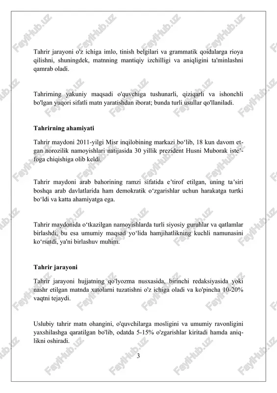 inlaydi. tahrirning maqsadlari tahrir maydonidagi norozilik namoyishlarining birinchi maqsadi 30 yillik hokimiyat tepasida bo'lgan husni muborakni 2011-yil fevral oyida lavozimidan chetlatish edi. namoyishchilarning yana bir maqsadi - ijtimoiy adolatni ta'minlash, ayniqsa, ishsizlik darajasi 10 foizdan yuqori bo'lgan yoshlar uchun yangi ish o'rinlari yaratishni talab qilish edi. tahrir maydonidagi namoyishlarning uchinchi maqsadi - misr siyosiy tizimida demokratik islohotlar o'tkazish, jumladan, erkin va adolatli saylovlar o'tkazishga erishish edi. tahrirning afzalliklari tahrir inqilobi misr siyosatida 30 yillik avtoritar tuzumni ag'darib, yangi siyosiy islohotlar va ko'ppartiyaviylik uchun imkon yaratdi. ijtimoiy adolat talablari kuchaydi, minimal ish haqi oshishi, ishsizlik nafaqalari va uy-joy dasturlari kabi bir qator ijtimoiy loyihalar amalga oshirildi. fuqarolik jamiyati rivojlandi, nodavlat tashkilotlari soni sezilarli darajada oshdi, so'z erkinligi va matbuot erkinligi kabi huquqlar kengaytirildi. tahrirning kamchiliklari tahrirning kamchiliklaridan biri bu siyosiy liderlikning yo'qligi edi, natijada har xil guruhlar o'rtasida 2011-yilda maqsadlarni muvofiqlashtirish qiyinlashdi. tahrir maydonidagi harakatlar, asosan, spontan bo'lib, uzoq muddatli siyosiy …